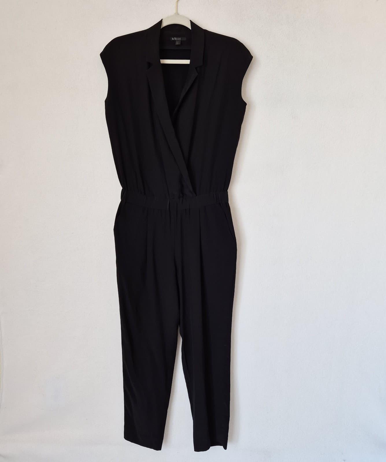 COS 100% Silk Surplice Jumpsuit Cap Sleeve Pocket Elastic Waist Black Women's 4 - Thumbnail 2