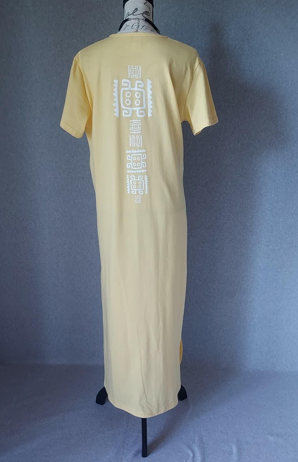 Super Line Tribal Printed Maxi Shift Dress Short Sleeve Yellow Sz.M Made in USA - Thumbnail 4