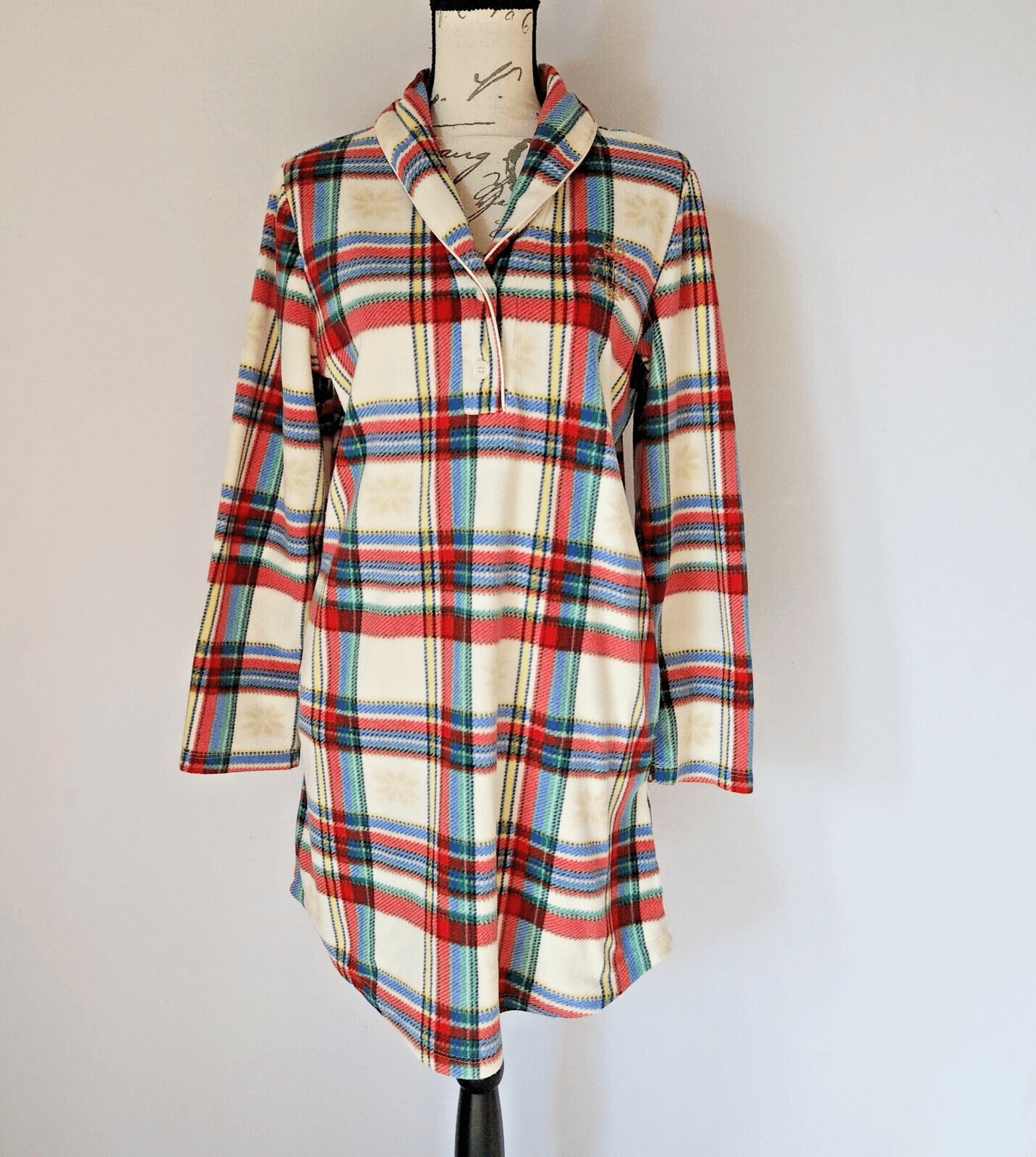Lauren Ralph Lauren Embroidered Logo Plaid Fleece Nightgown Pocket Women's M - Thumbnail 2