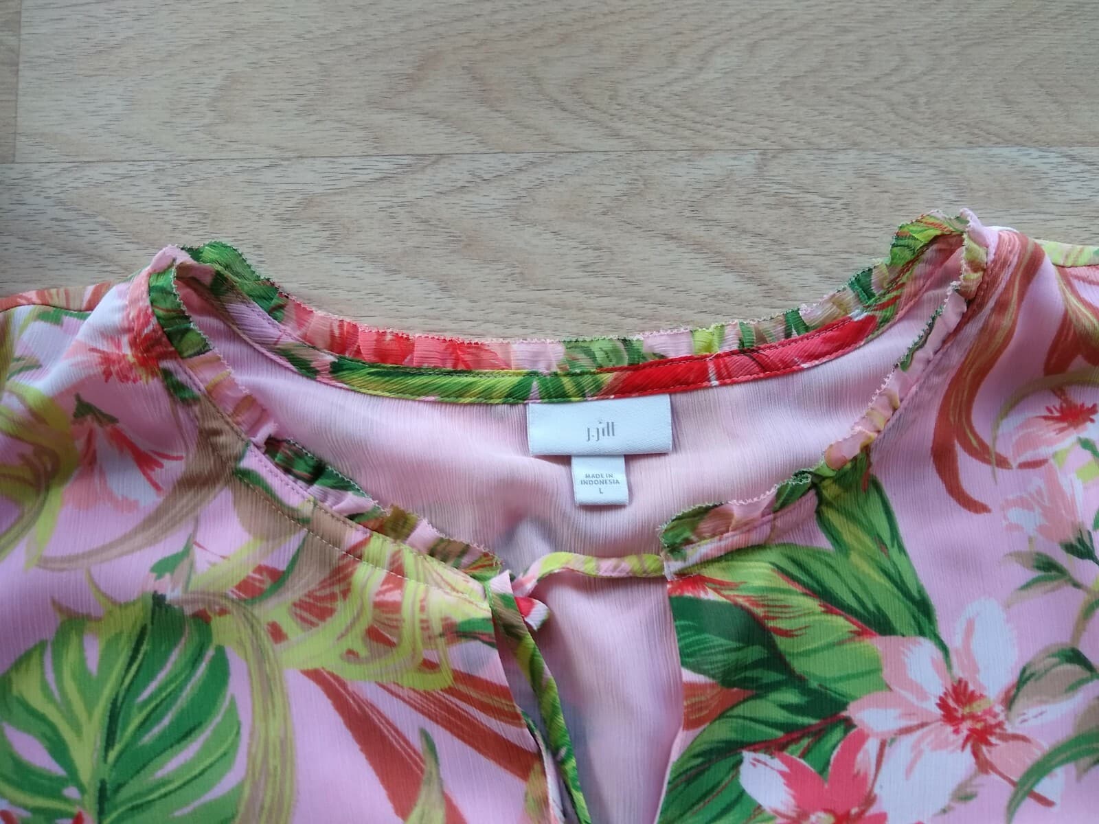 J.Jill Chiffon Floral Tunic Top Long Bell-Sleeve Ruffle-Tie-Neck Lined Pink Sz.L - Thumbnail 8