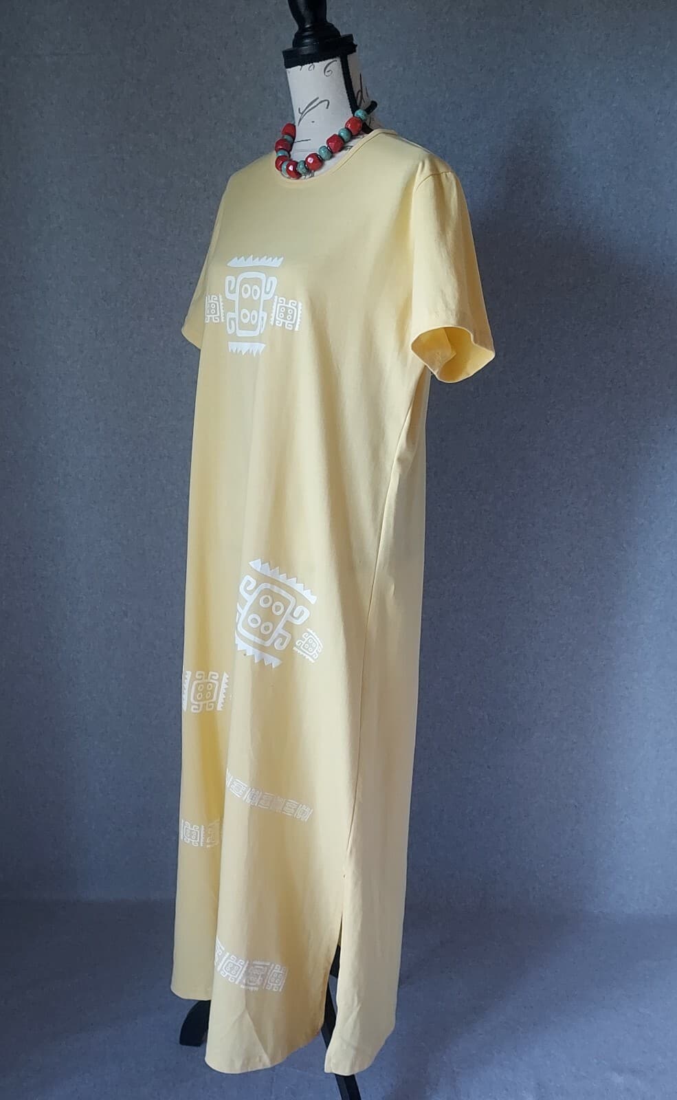 Super Line Tribal Printed Maxi Shift Dress Short Sleeve Yellow Sz.M Made in USA - Thumbnail 3