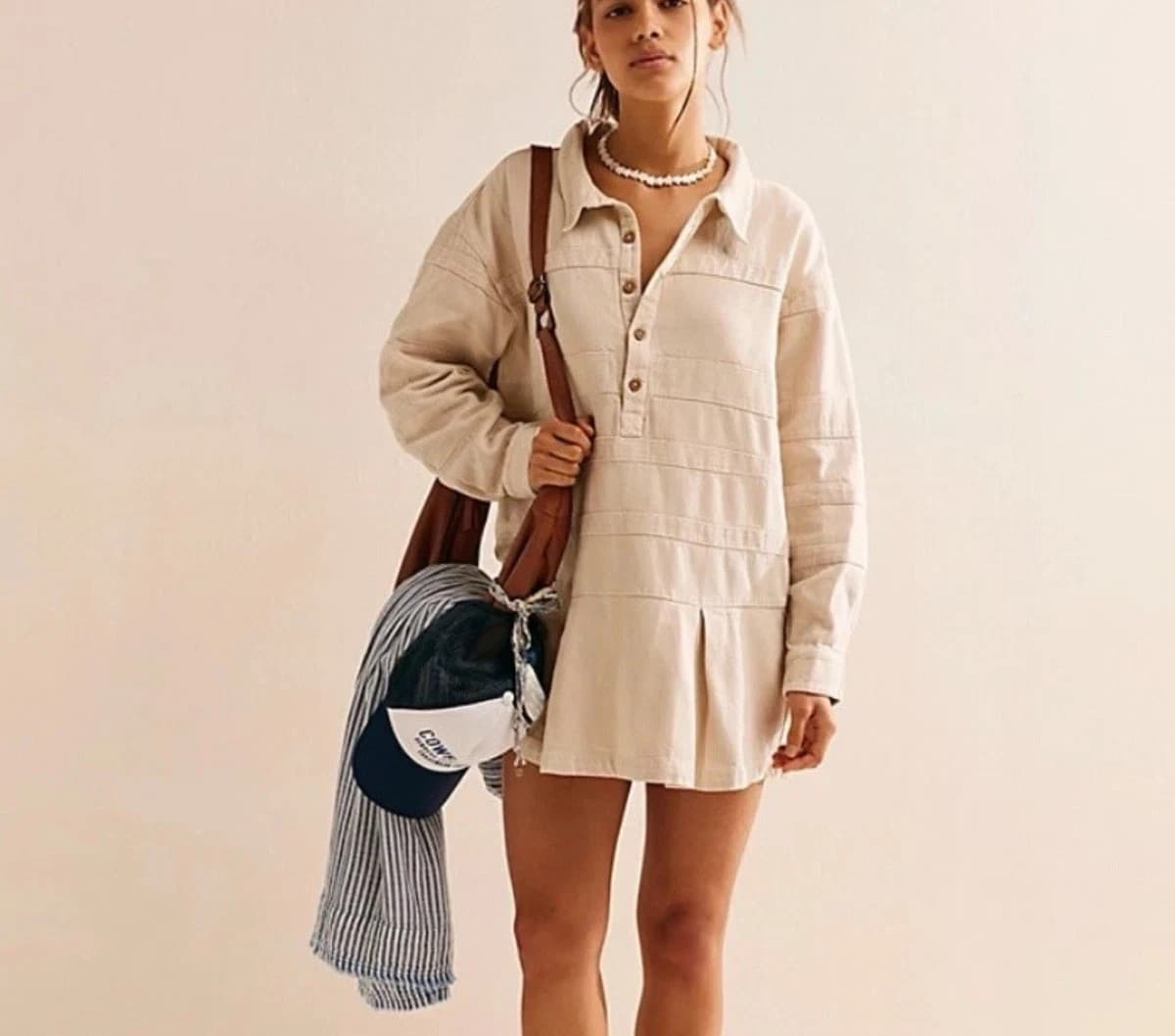 NWT Free People Free-Est Checkin' In Mini Dress Long Sleeve Cotton Neutral Sz.M - Thumbnail 2