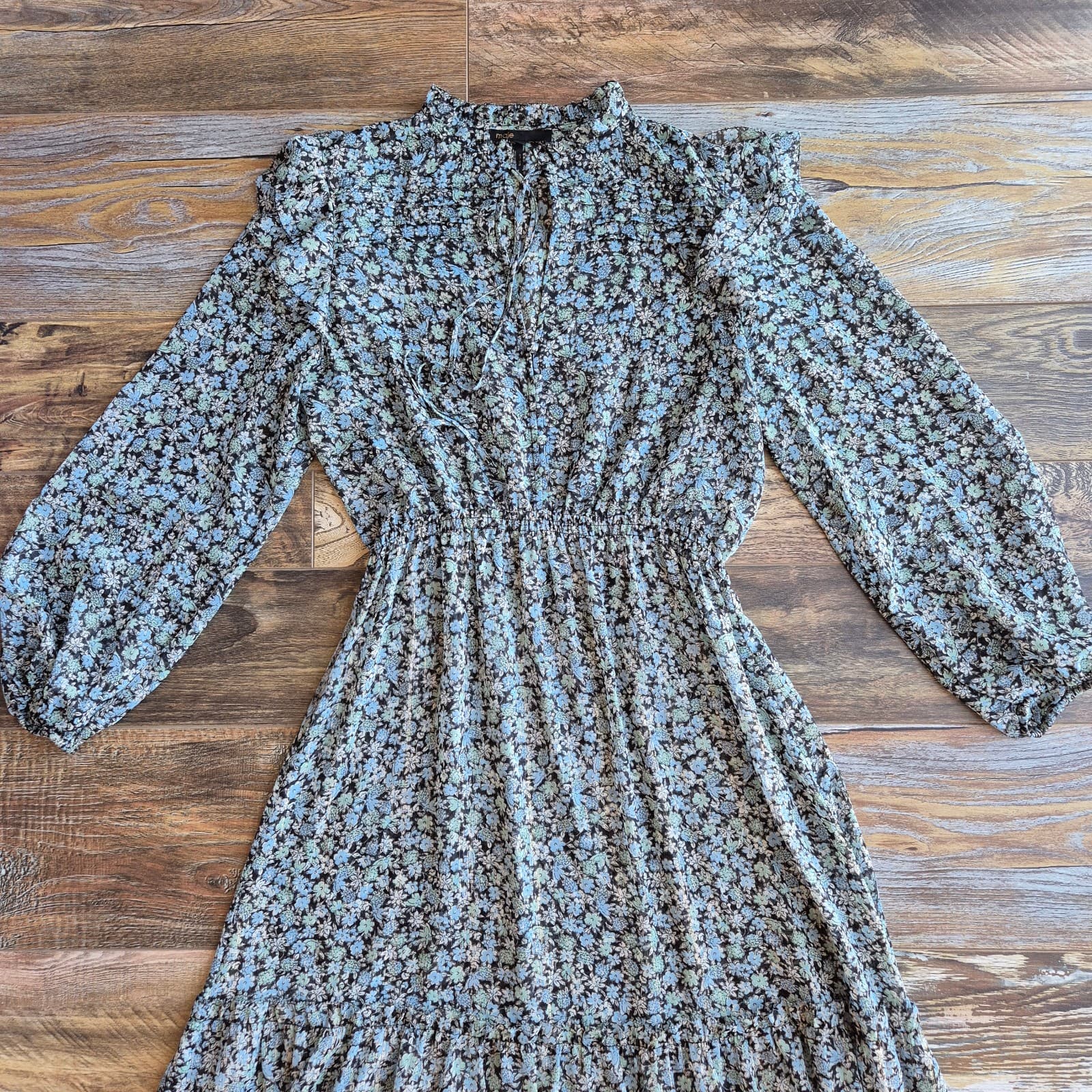 Maje Renaza Floral Sheer Chiffon Tiered Midi Dress Long Sleeve Metallic Women 40 - Thumbnail 9