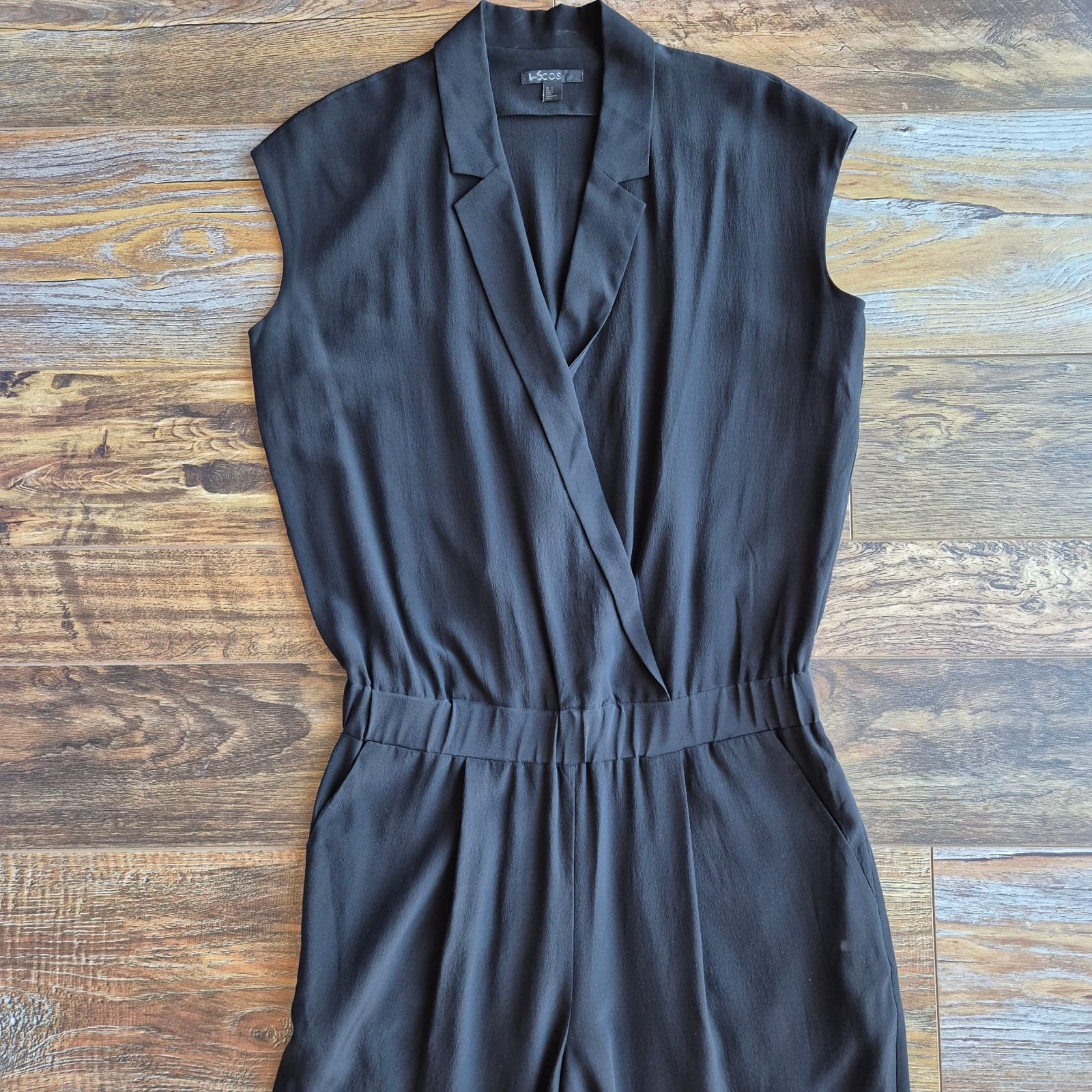 COS 100% Silk Surplice Jumpsuit Cap Sleeve Pocket Elastic Waist Black Women's 4 - Thumbnail 4