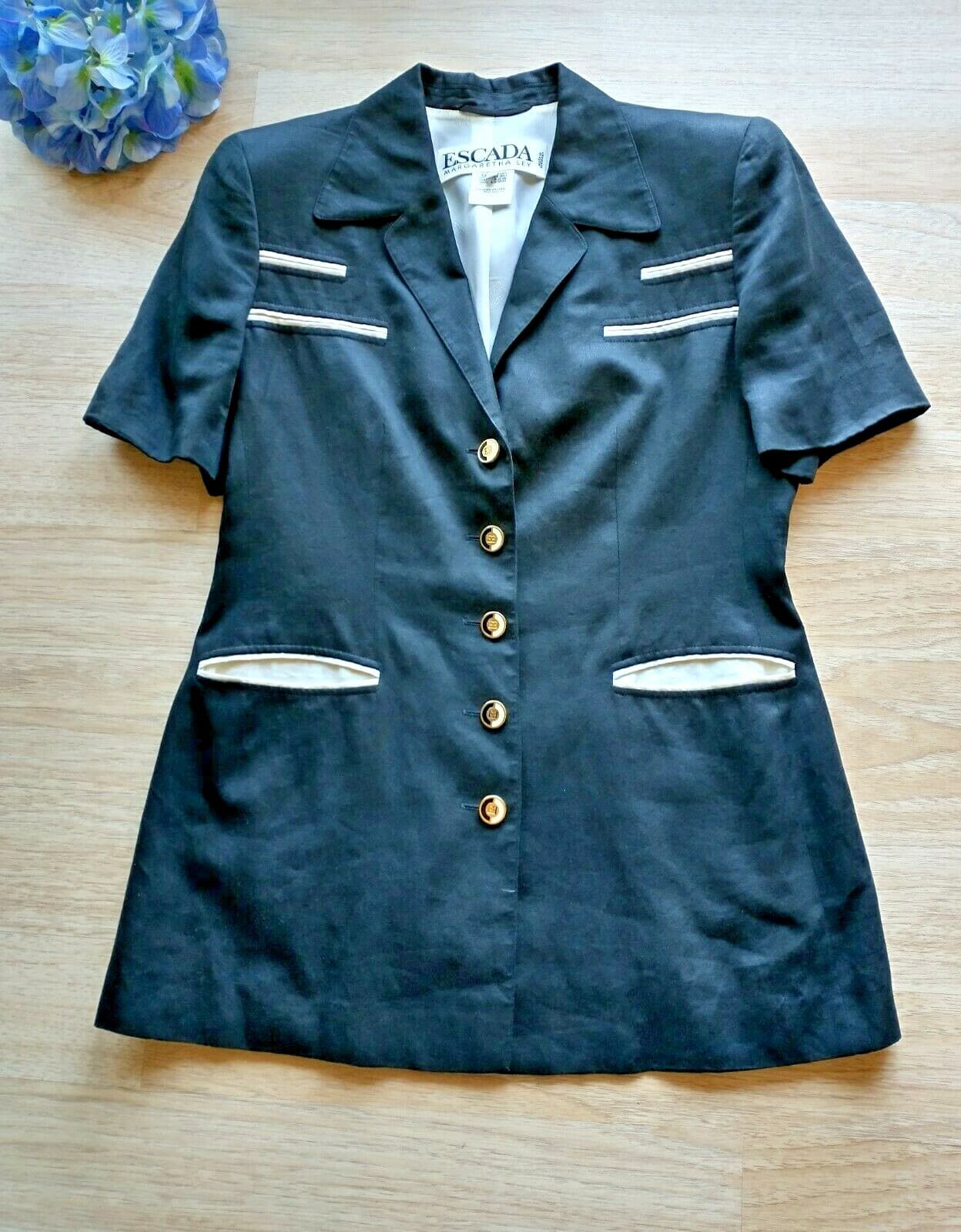VTG ESCADA MARGARETHA LEY 100%Linen Top Blouse Short Sleeve Gold Button Black 40 - Thumbnail 2