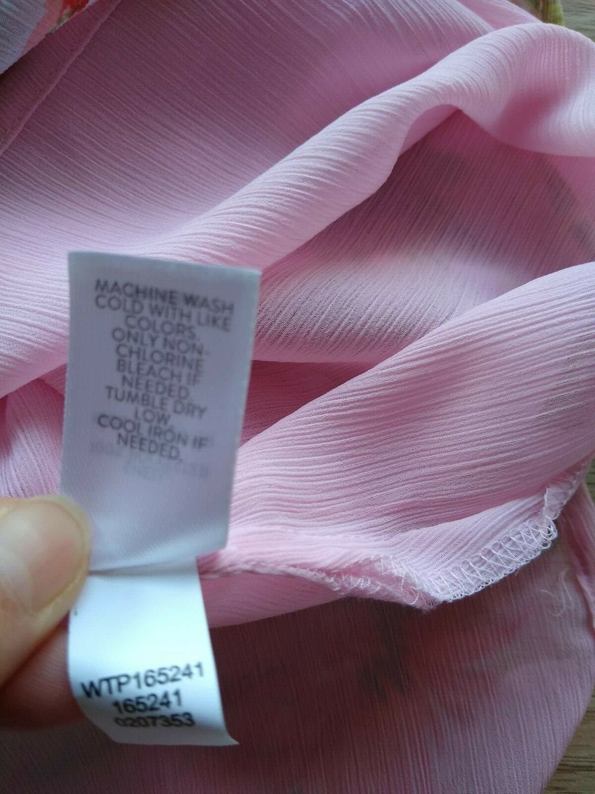J.Jill Chiffon Floral Tunic Top Long Bell-Sleeve Ruffle-Tie-Neck Lined Pink Sz.L - Thumbnail 10