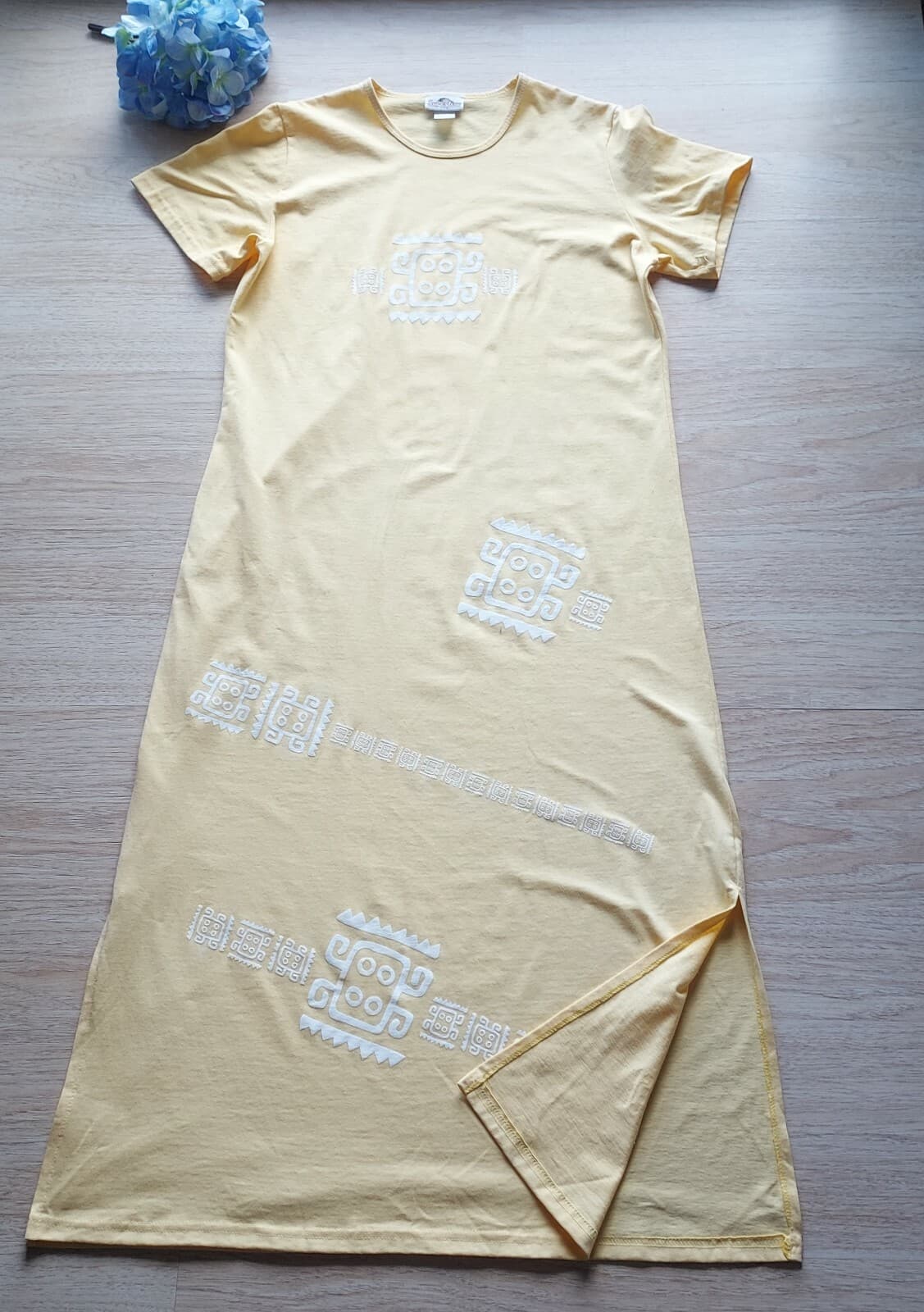 Super Line Tribal Printed Maxi Shift Dress Short Sleeve Yellow Sz.M Made in USA - Thumbnail 5