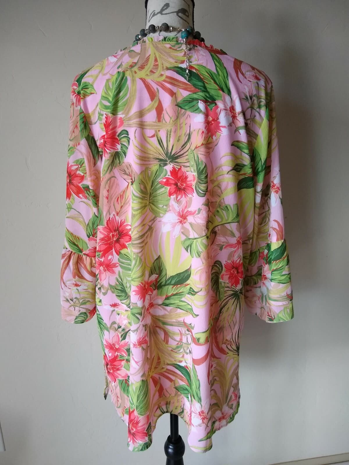 J.Jill Chiffon Floral Tunic Top Long Bell-Sleeve Ruffle-Tie-Neck Lined Pink Sz.L - Thumbnail 4