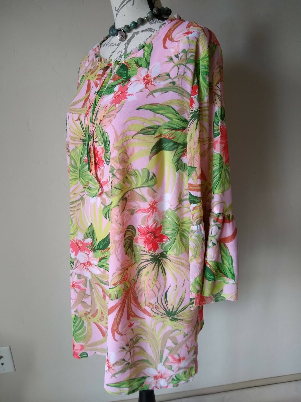J.Jill Chiffon Floral Tunic Top Long Bell-Sleeve Ruffle-Tie-Neck Lined Pink Sz.L - Thumbnail 3