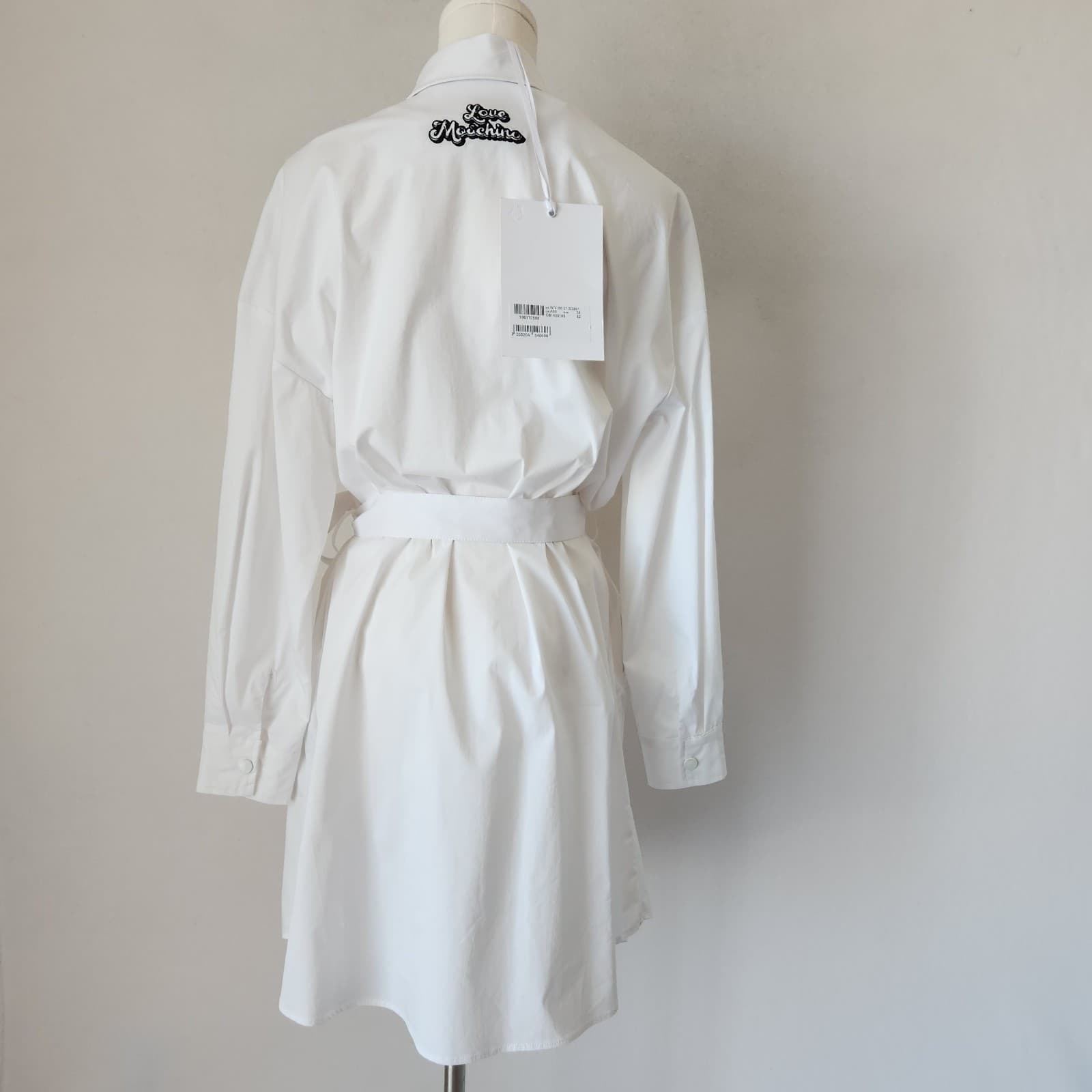 NWT LOVE MOSCHINO Belted Shirt Dress Snap Long Sleeve Stretch Cotton White US2 - Thumbnail 3