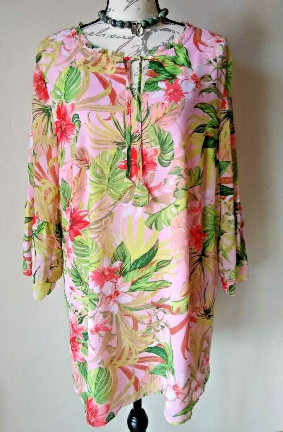 J.Jill Chiffon Floral Tunic Top Long Bell-Sleeve Ruffle-Tie-Neck Lined Pink Sz.L - Thumbnail 2