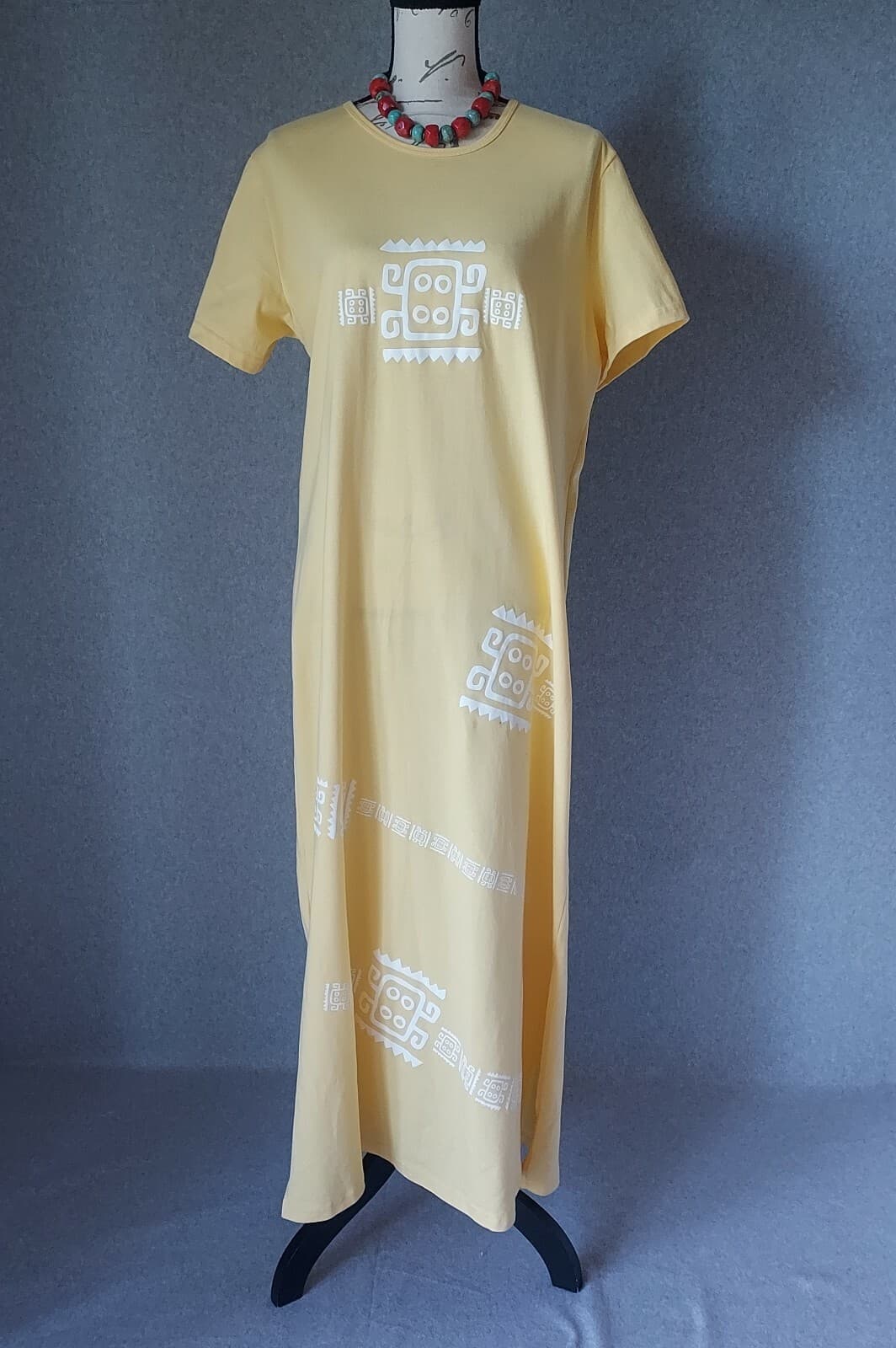 Super Line Tribal Printed Maxi Shift Dress Short Sleeve Yellow Sz.M Made in USA