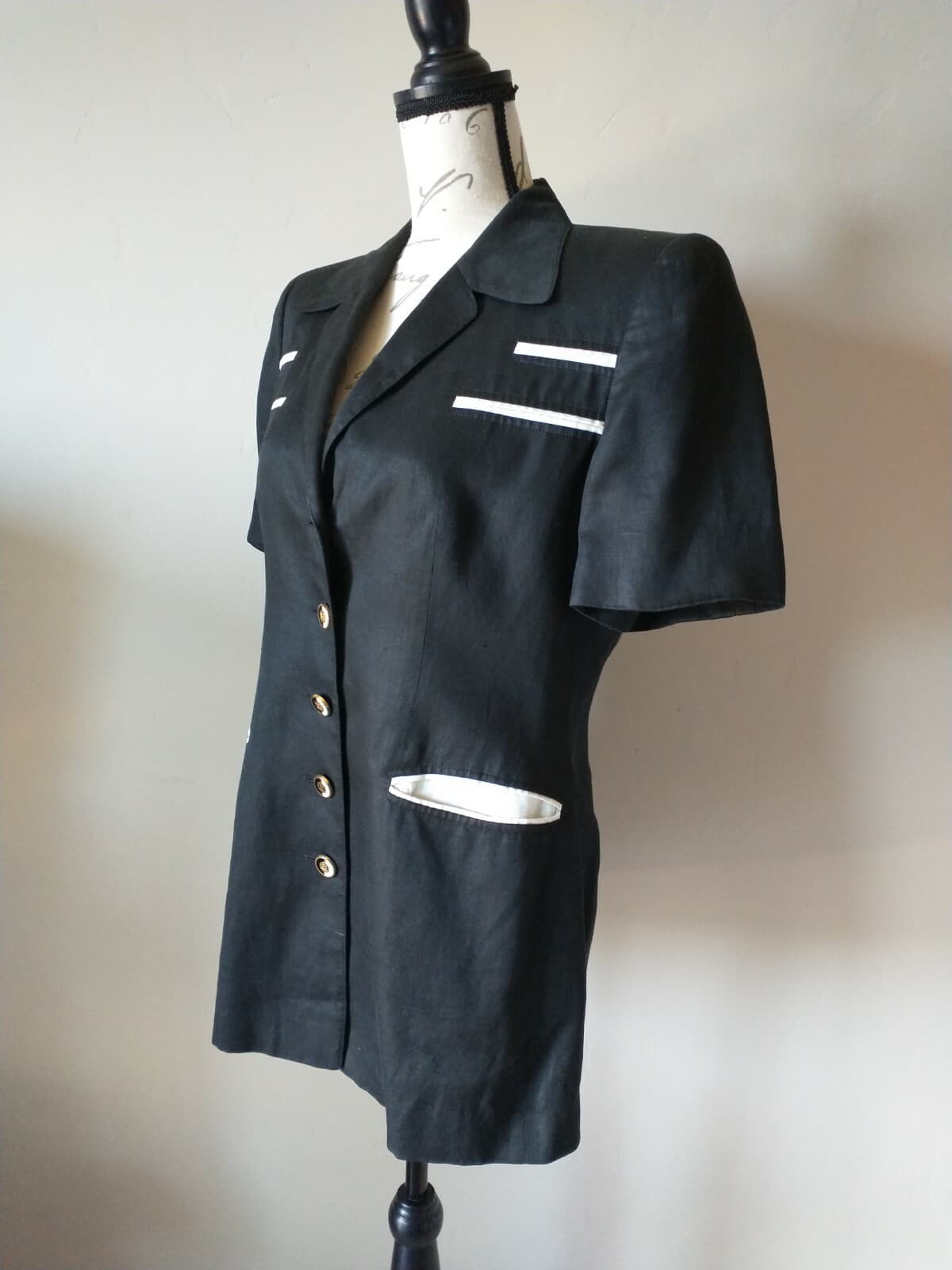 VTG ESCADA MARGARETHA LEY 100%Linen Top Blouse Short Sleeve Gold Button Black 40 - Thumbnail 3