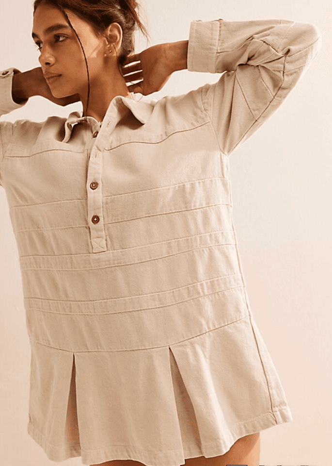 NWT Free People Free-Est Checkin' In Mini Dress Long Sleeve Cotton Neutral Sz.M - Thumbnail 6