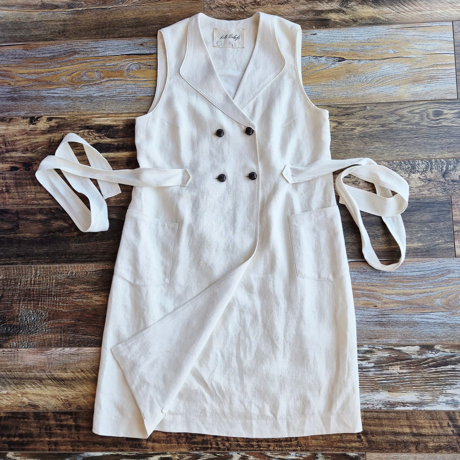 Koto Bolofo Anthropologie Linen Wrap Shirt Dress Sleeveless Pocket Ivory Sz.10 - Thumbnail 7