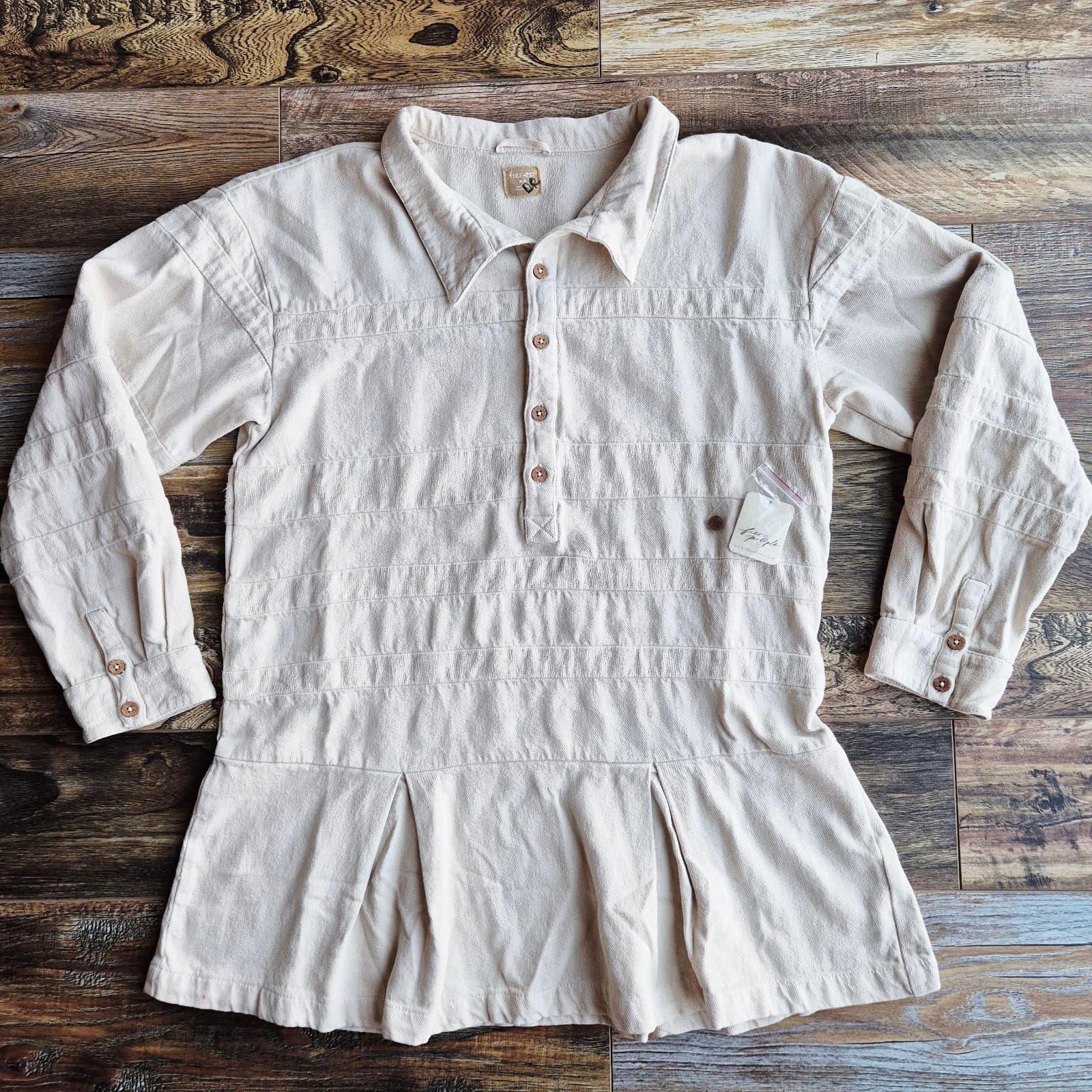 NWT Free People Free-Est Checkin' In Mini Dress Long Sleeve Cotton Neutral Sz.M - Thumbnail 5