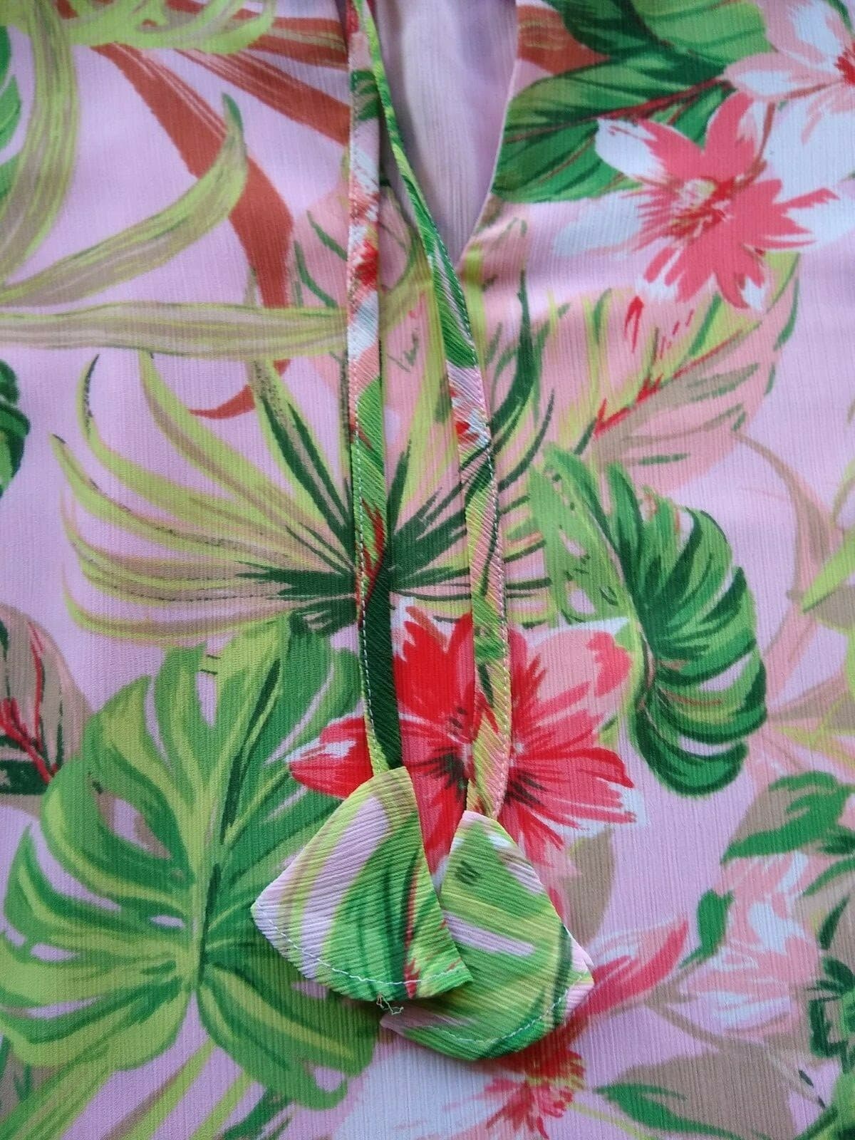 J.Jill Chiffon Floral Tunic Top Long Bell-Sleeve Ruffle-Tie-Neck Lined Pink Sz.L - Thumbnail 7