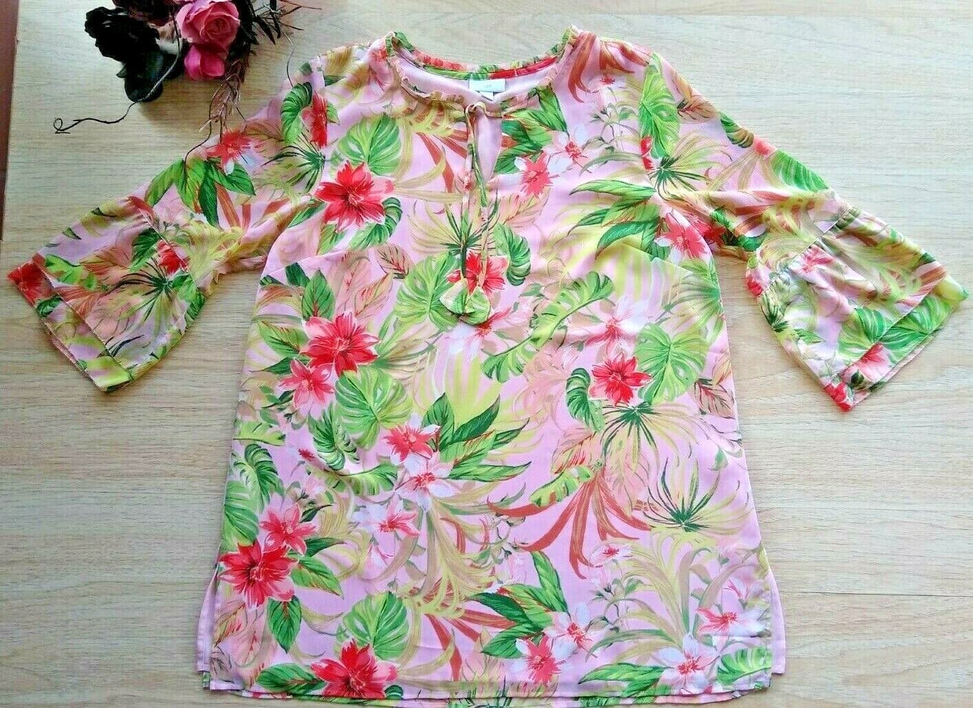 J.Jill Chiffon Floral Tunic Top Long Bell-Sleeve Ruffle-Tie-Neck Lined Pink Sz.L