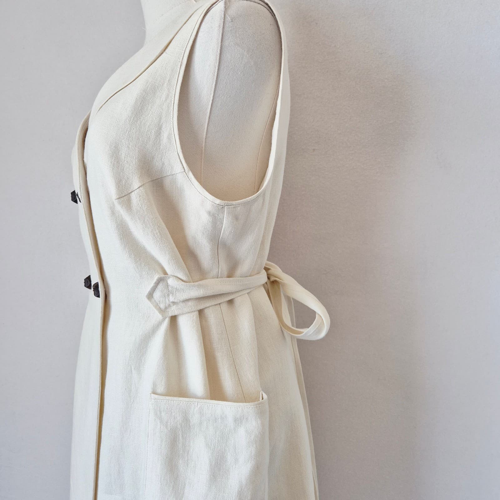 Koto Bolofo Anthropologie Linen Wrap Shirt Dress Sleeveless Pocket Ivory Sz.10 - Thumbnail 5