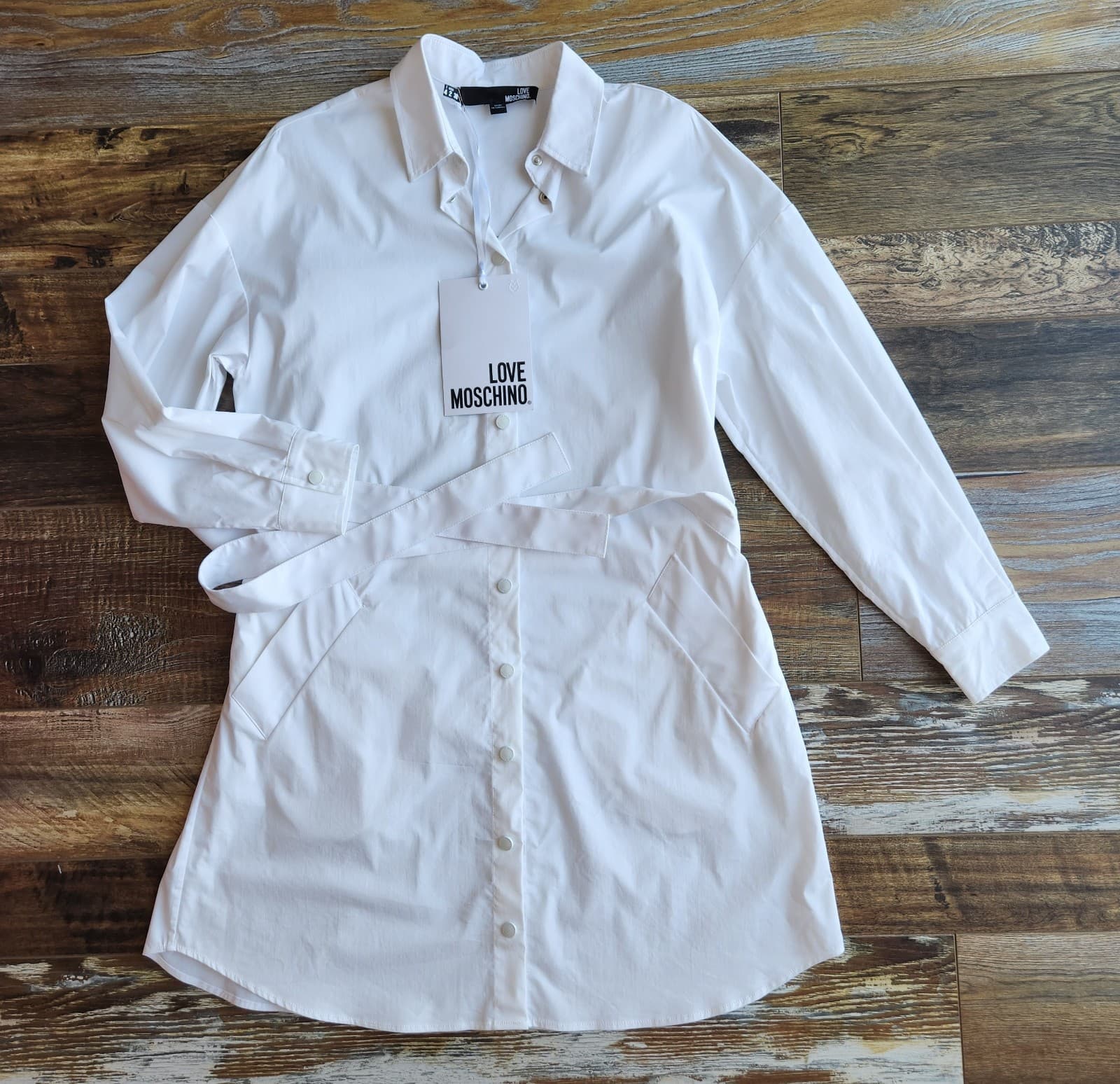NWT LOVE MOSCHINO Belted Shirt Dress Snap Long Sleeve Stretch Cotton White US2 - Thumbnail 7