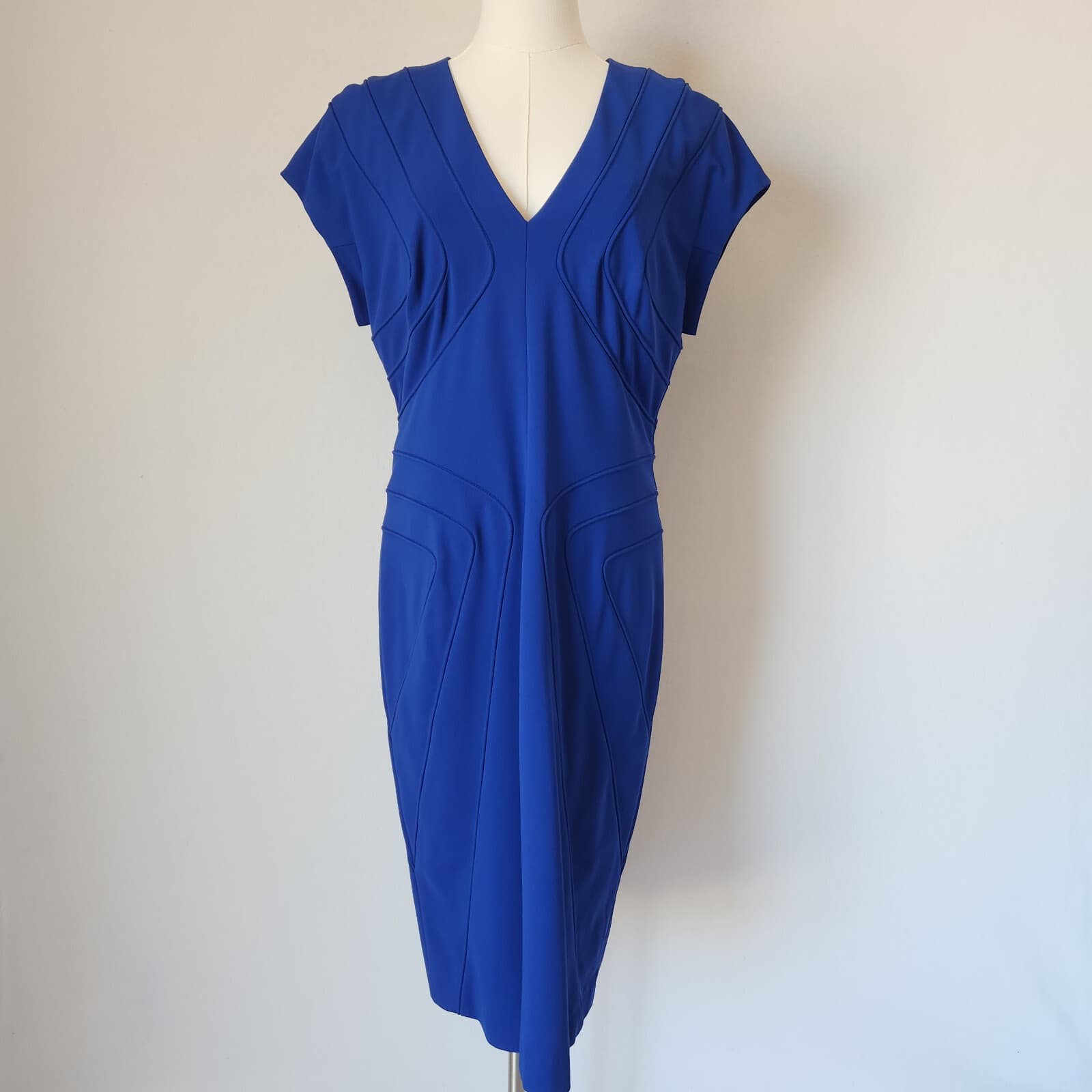 ESCADA Danette Piped Scuba Career Work Sheath Dress Cap Sleeve Cobalt Blue Sz.40 - Thumbnail 3