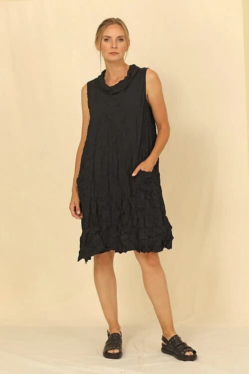 Chalet Et Ceci Leida Black Crinkle Tunic Dress Mockneck Sleeveless Pocket Sz.XS - Thumbnail 2