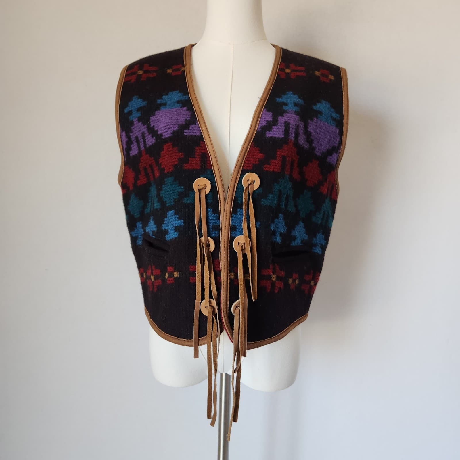 Vintage'80 Woolrich Made in USA Aztec Southwest Wool Leather Trim Vest Women's L - Thumbnail 2