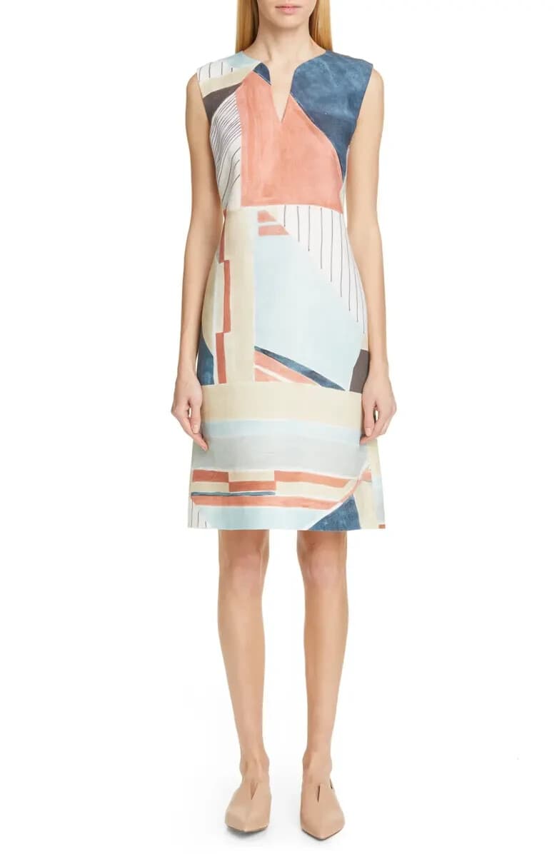 NWT Lafayette 148 NY Taren Linen Shift Dress Sleeveless Pacific Multi Sz.10 $598 - Thumbnail 2