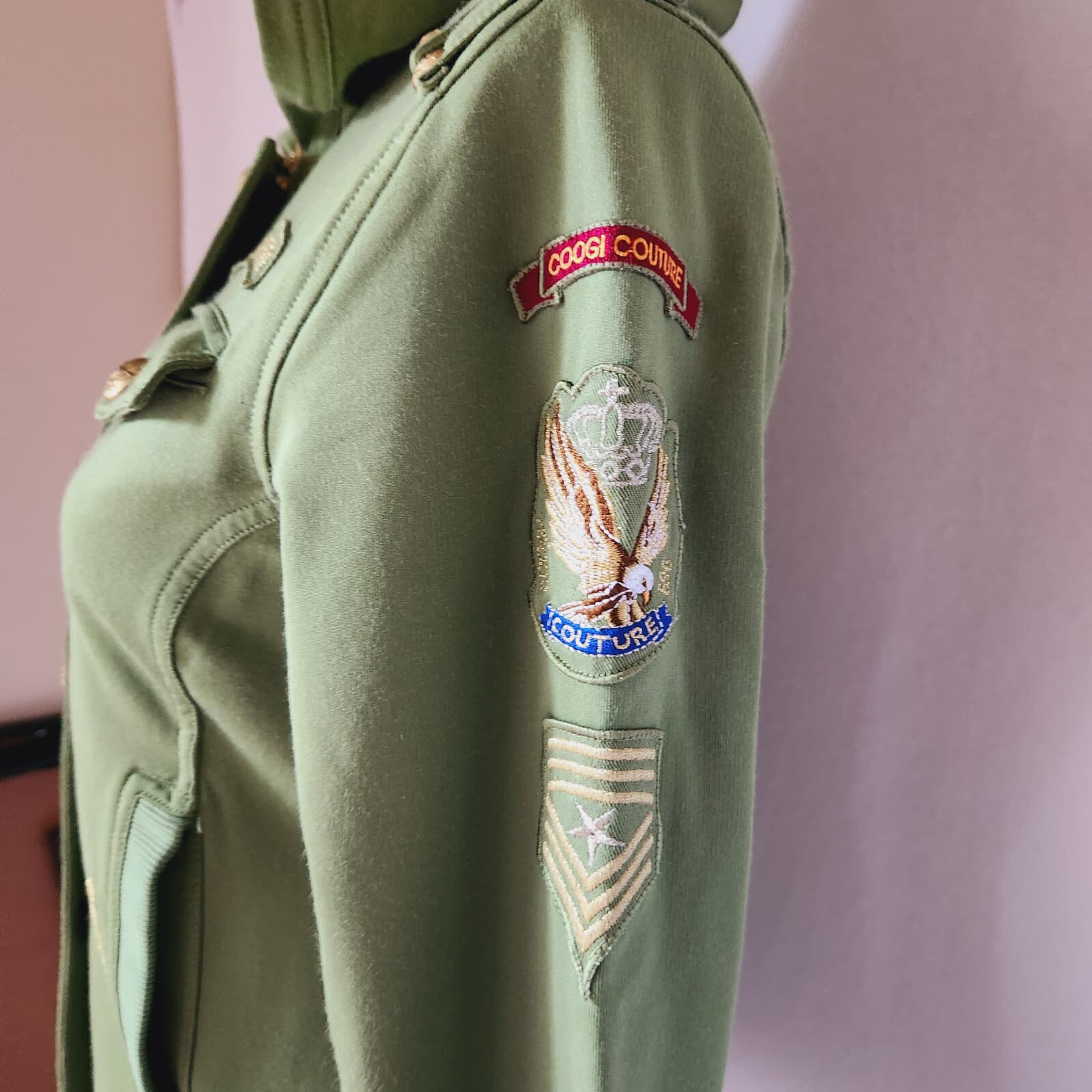 COOGI Military Hooded Jacket Zip-Up Gold-Button Pocket Cotton Blend Green Girl L - Thumbnail 4