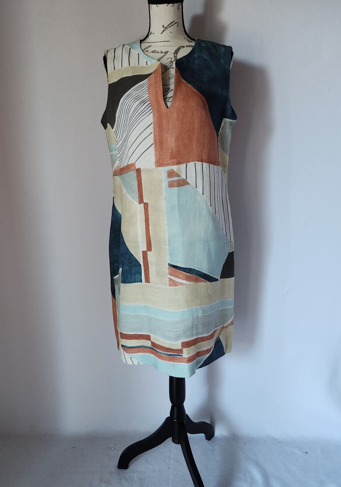 NWT Lafayette 148 NY Taren Linen Shift Dress Sleeveless Pacific Multi Sz.10 $598 - Thumbnail 5