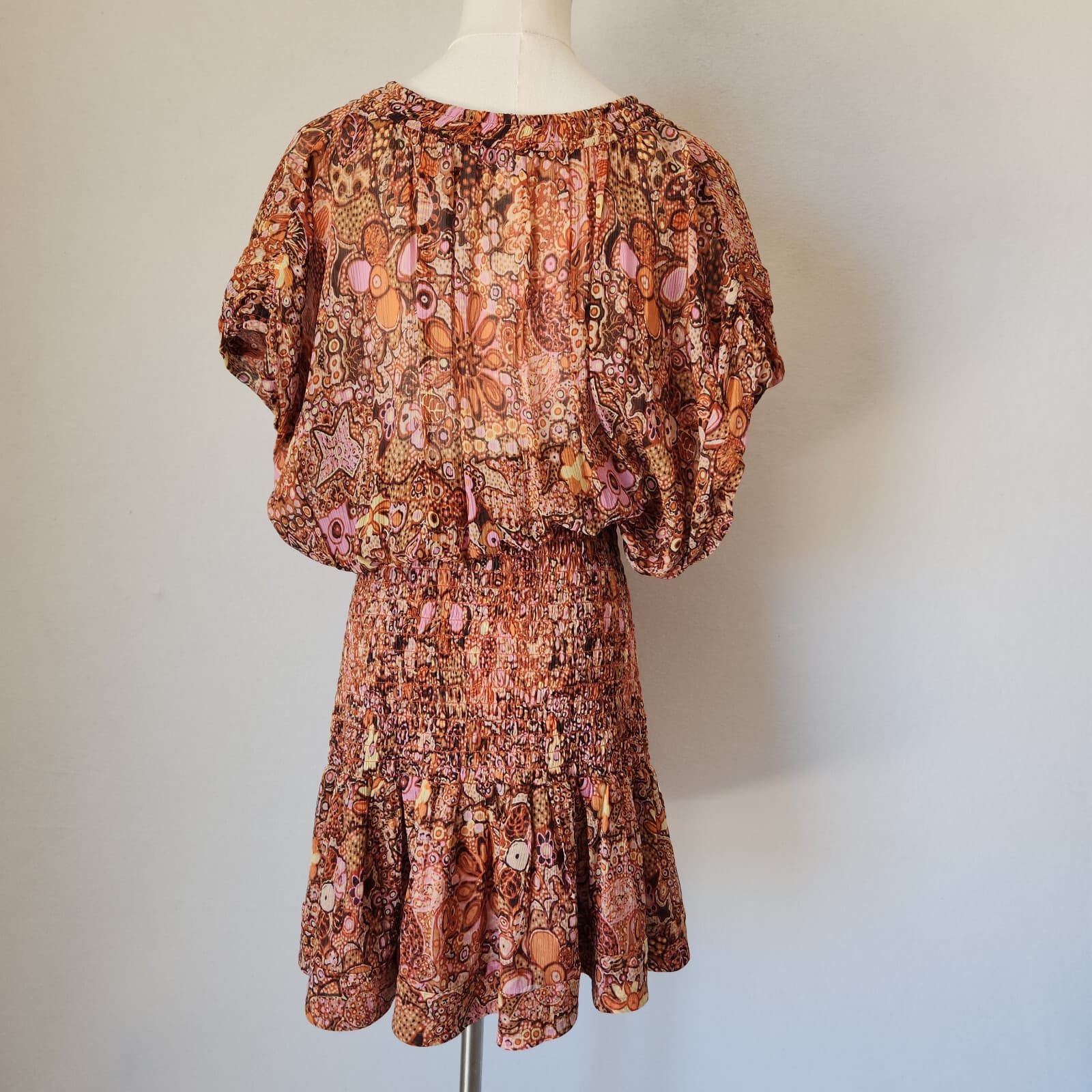 A.L.C. Carly Floral Silk Smocked Mini Dress Cap Sleeve Multicolor Chiffon Sz.10 - Thumbnail 6