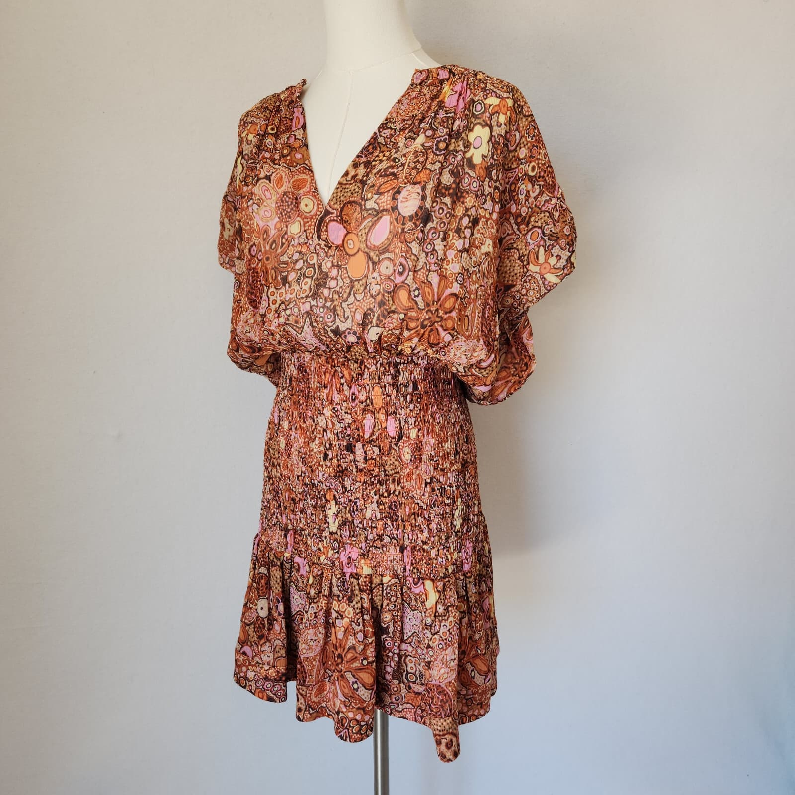 A.L.C. Carly Floral Silk Smocked Mini Dress Cap Sleeve Multicolor Chiffon Sz.10 - Thumbnail 3