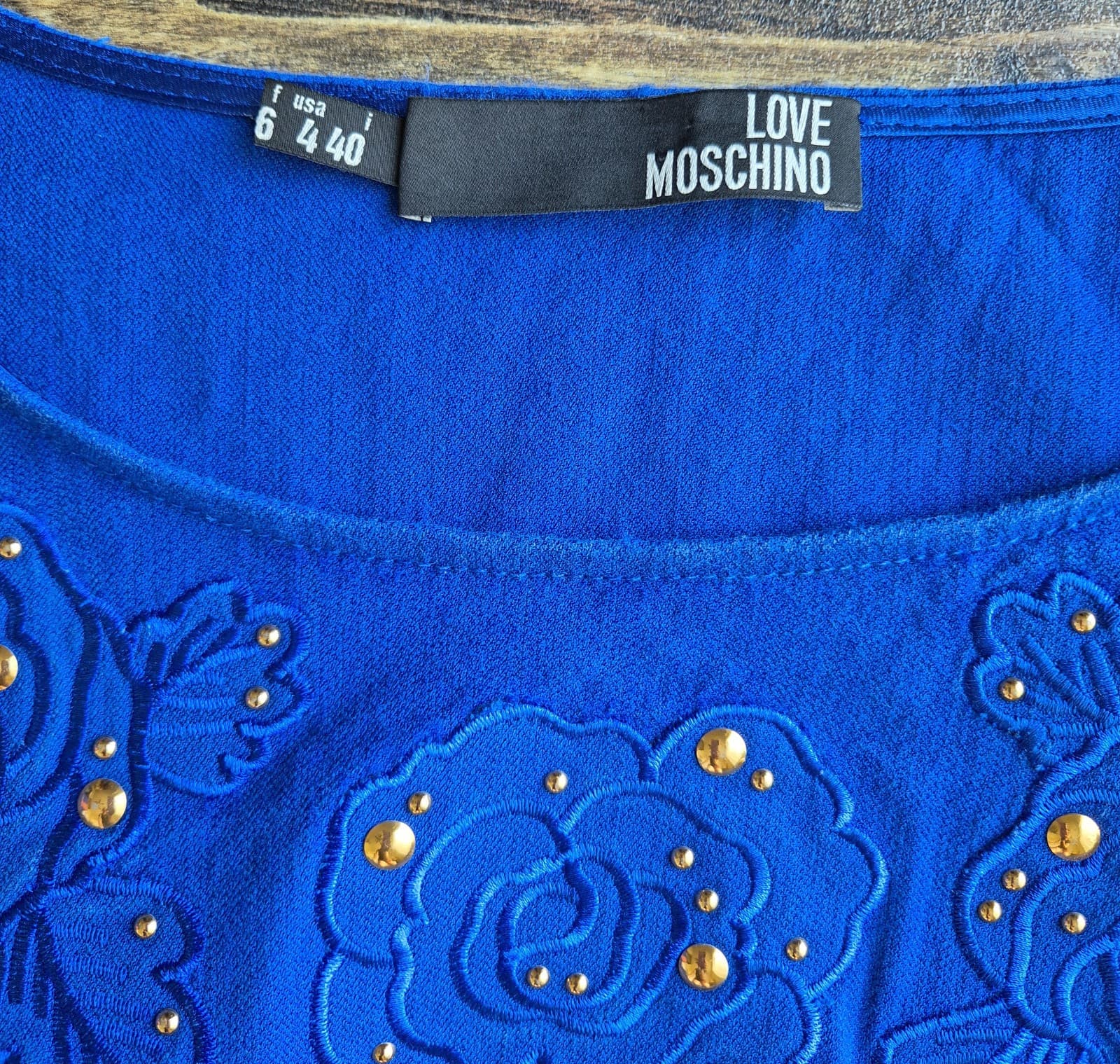 LOVE MOSCHINO Italy Floral Embroidered Studded Wool Blend Sheath Dress Blue US4 - Thumbnail 7