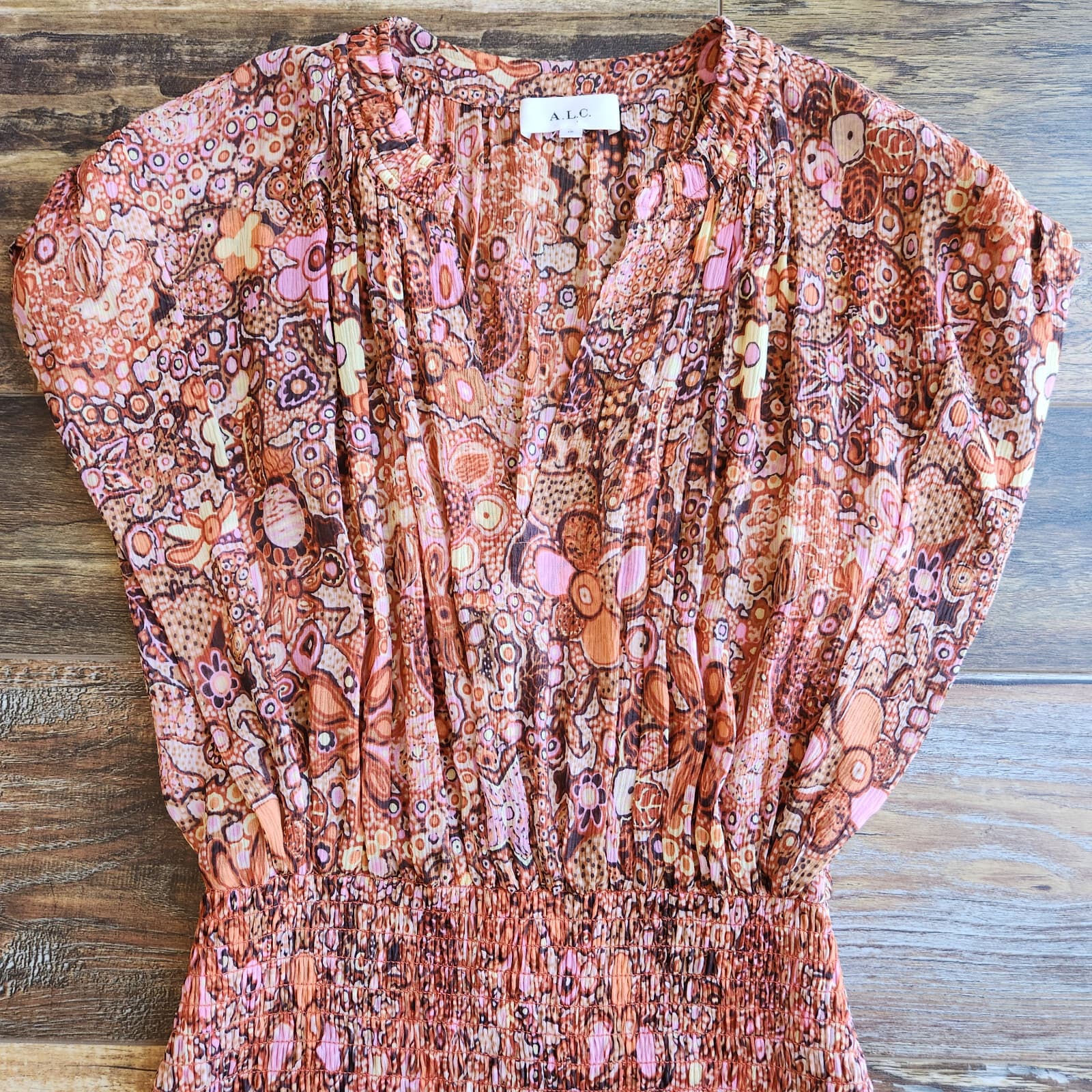 A.L.C. Carly Floral Silk Smocked Mini Dress Cap Sleeve Multicolor Chiffon Sz.10 - Thumbnail 9