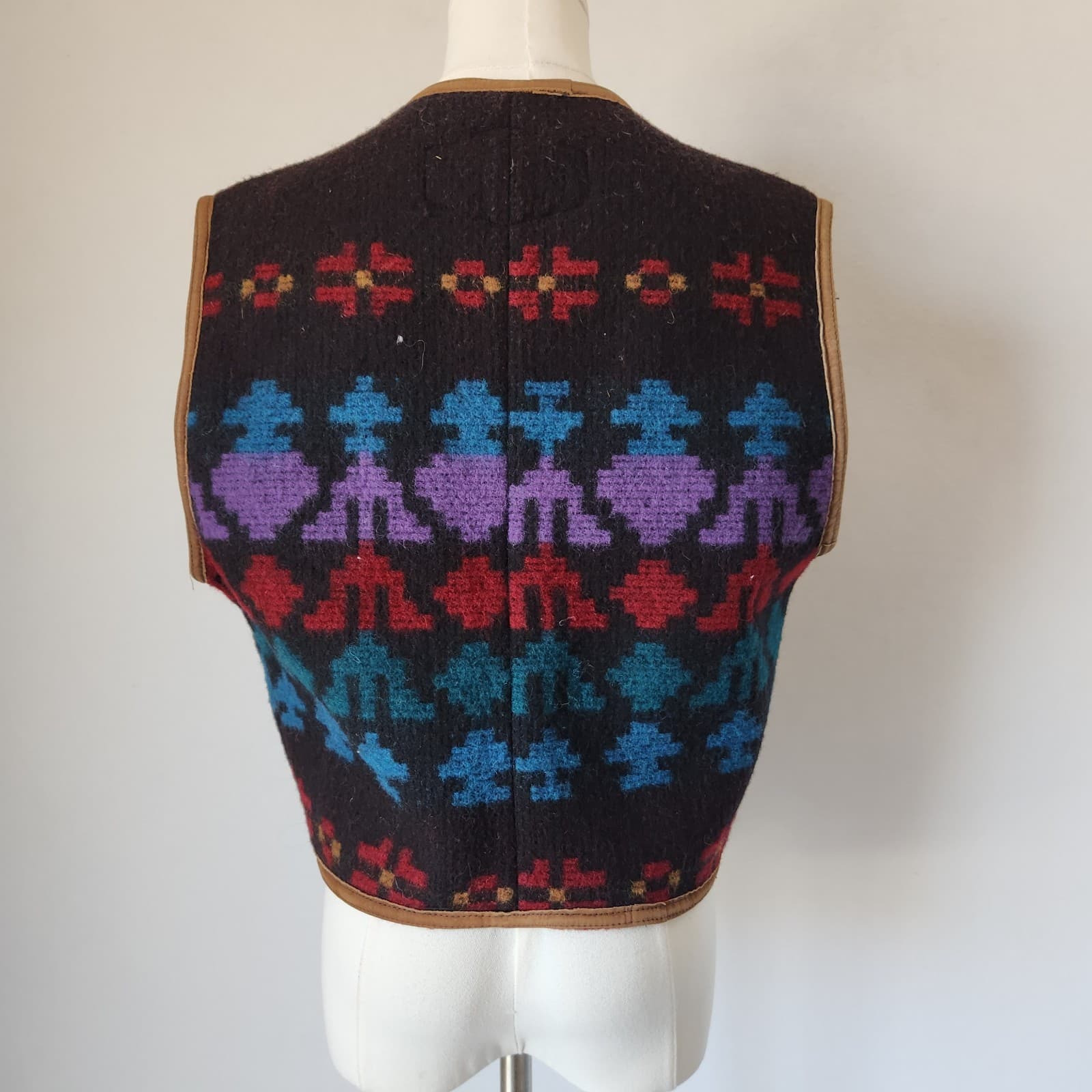 Vintage'80 Woolrich Made in USA Aztec Southwest Wool Leather Trim Vest Women's L - Thumbnail 6