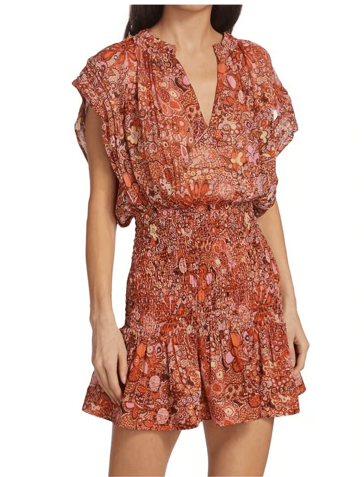 A.L.C. Carly Floral Silk Smocked Mini Dress Cap Sleeve Multicolor Chiffon Sz.10 - Thumbnail 2