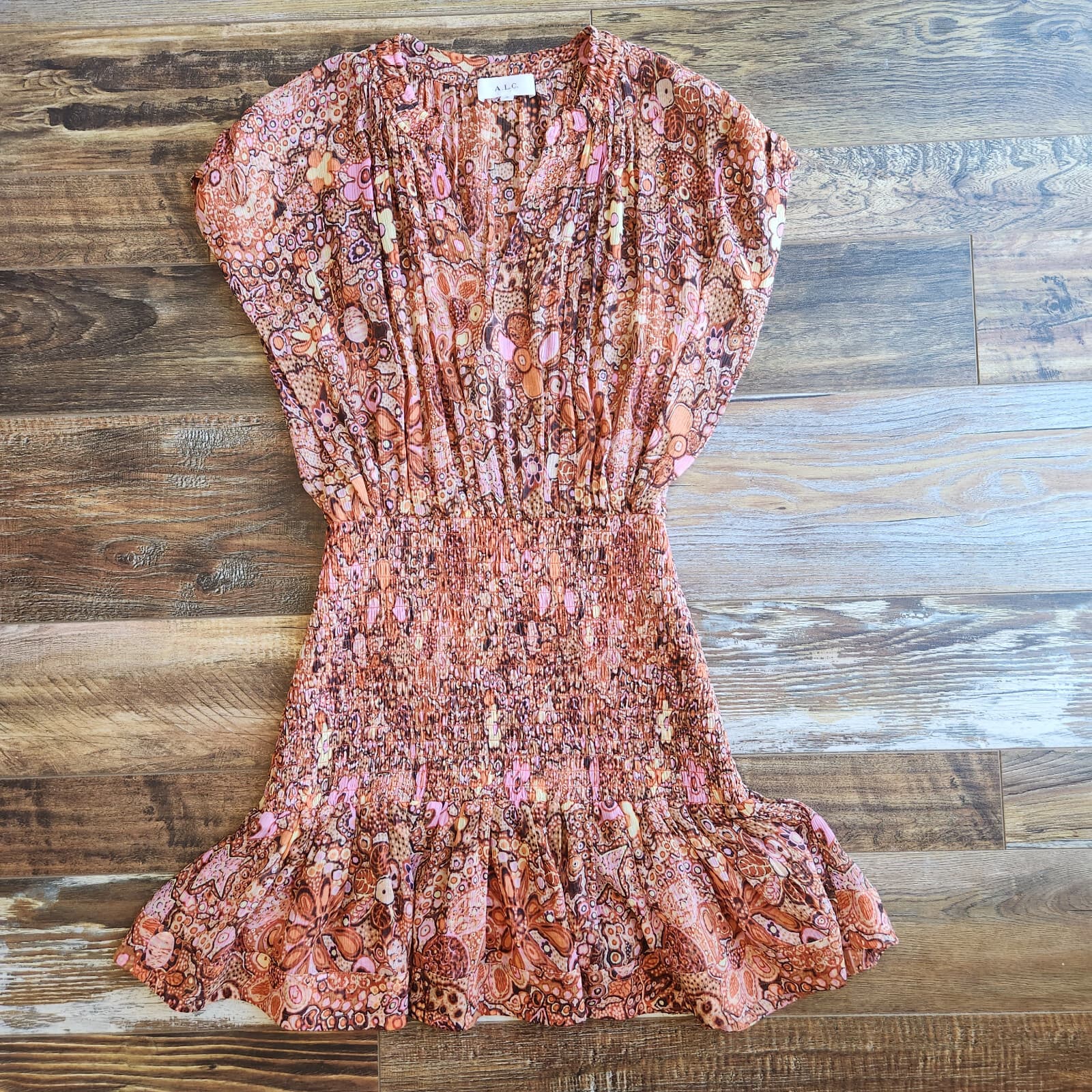 A.L.C. Carly Floral Silk Smocked Mini Dress Cap Sleeve Multicolor Chiffon Sz.10 - Thumbnail 8