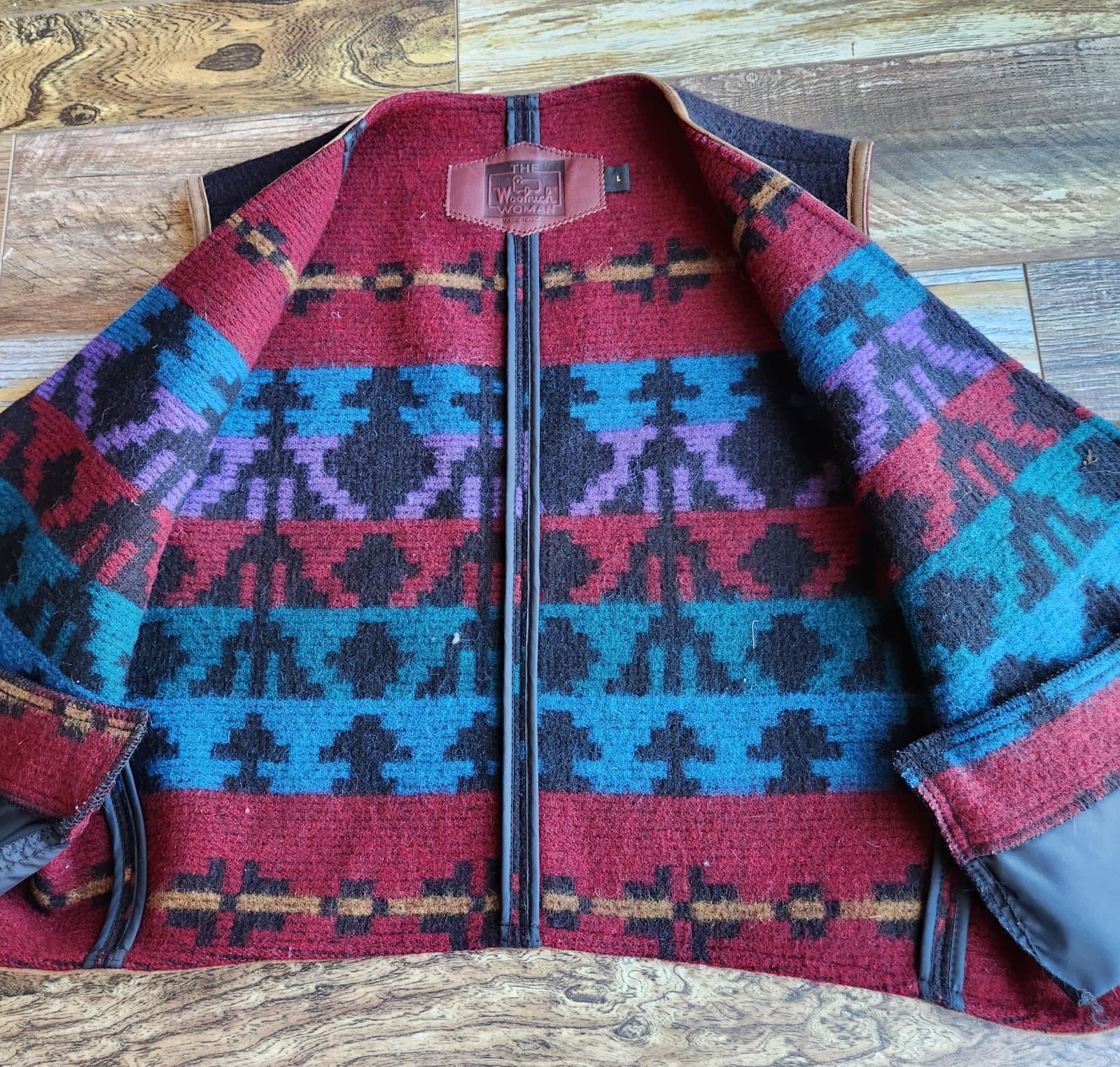 Vintage'80 Woolrich Made in USA Aztec Southwest Wool Leather Trim Vest Women's L - Thumbnail 9