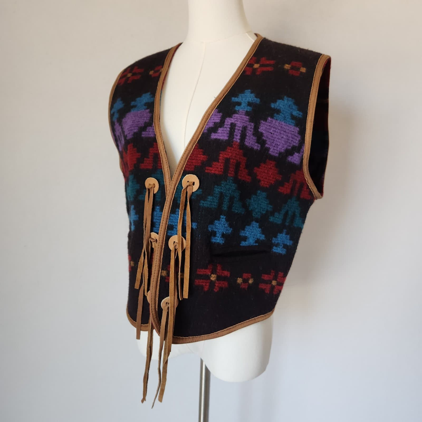 Vintage'80 Woolrich Made in USA Aztec Southwest Wool Leather Trim Vest Women's L - Thumbnail 4