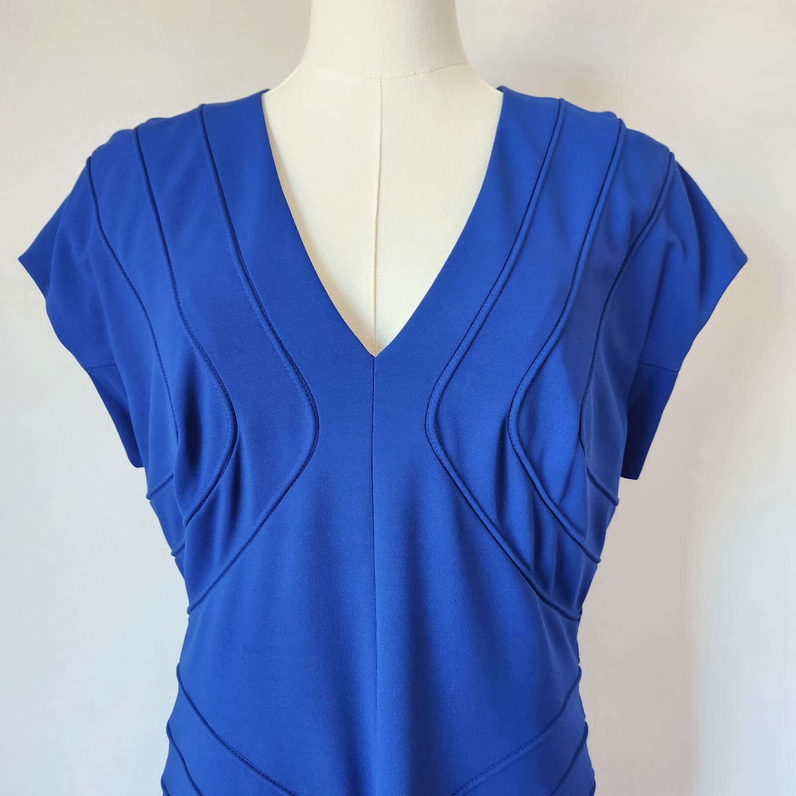 ESCADA Danette Piped Scuba Career Work Sheath Dress Cap Sleeve Cobalt Blue Sz.40 - Thumbnail 4