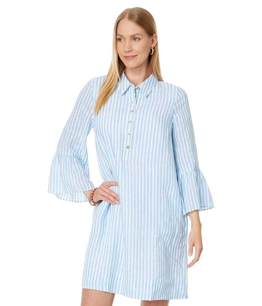 NWT Lilly Pulitzer Sz.6 Linen Jazmyn Dress Bell Sleeve Lunar Blue Bimini Stripe - Thumbnail 2