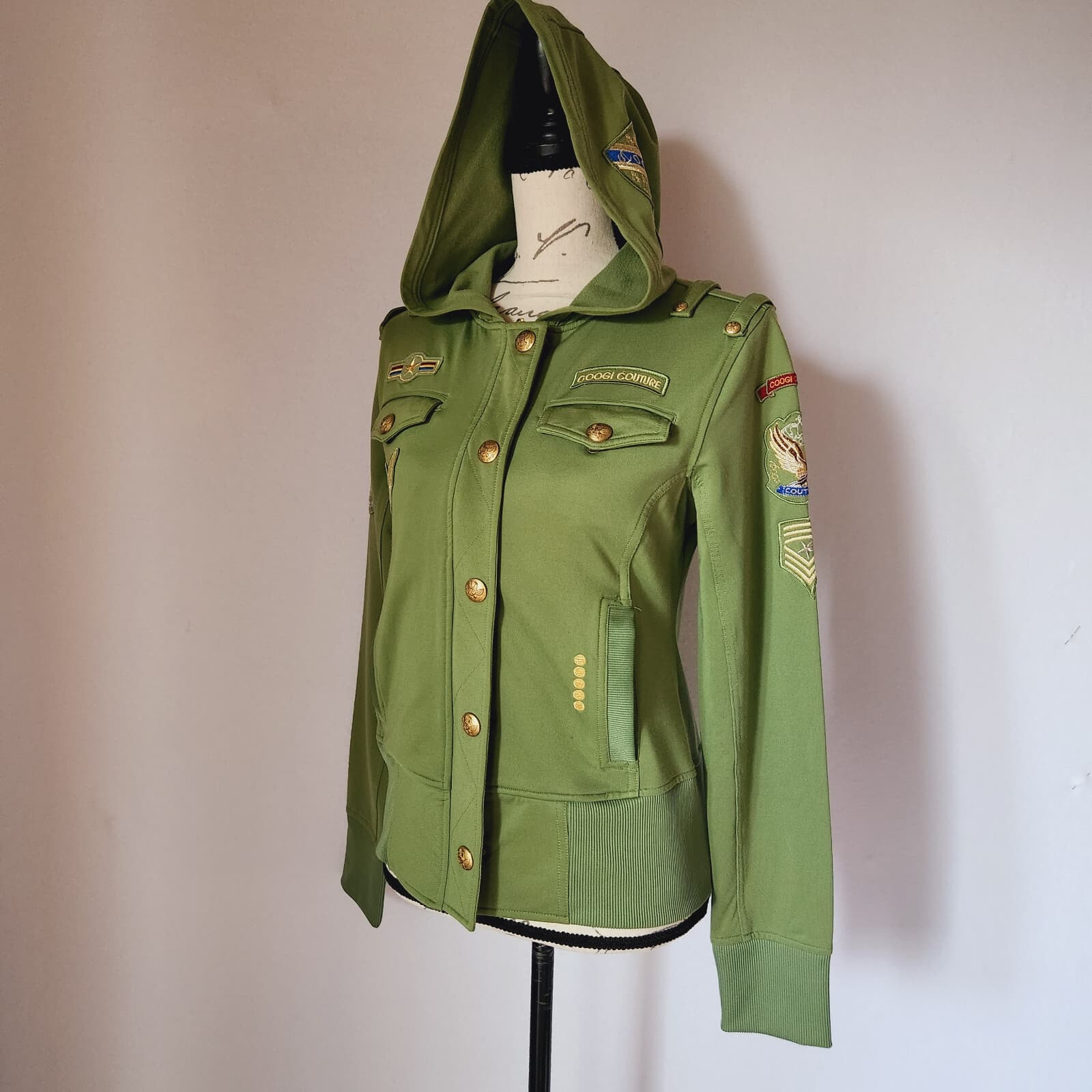 COOGI Military Hooded Jacket Zip-Up Gold-Button Pocket Cotton Blend Green Girl L - Thumbnail 2