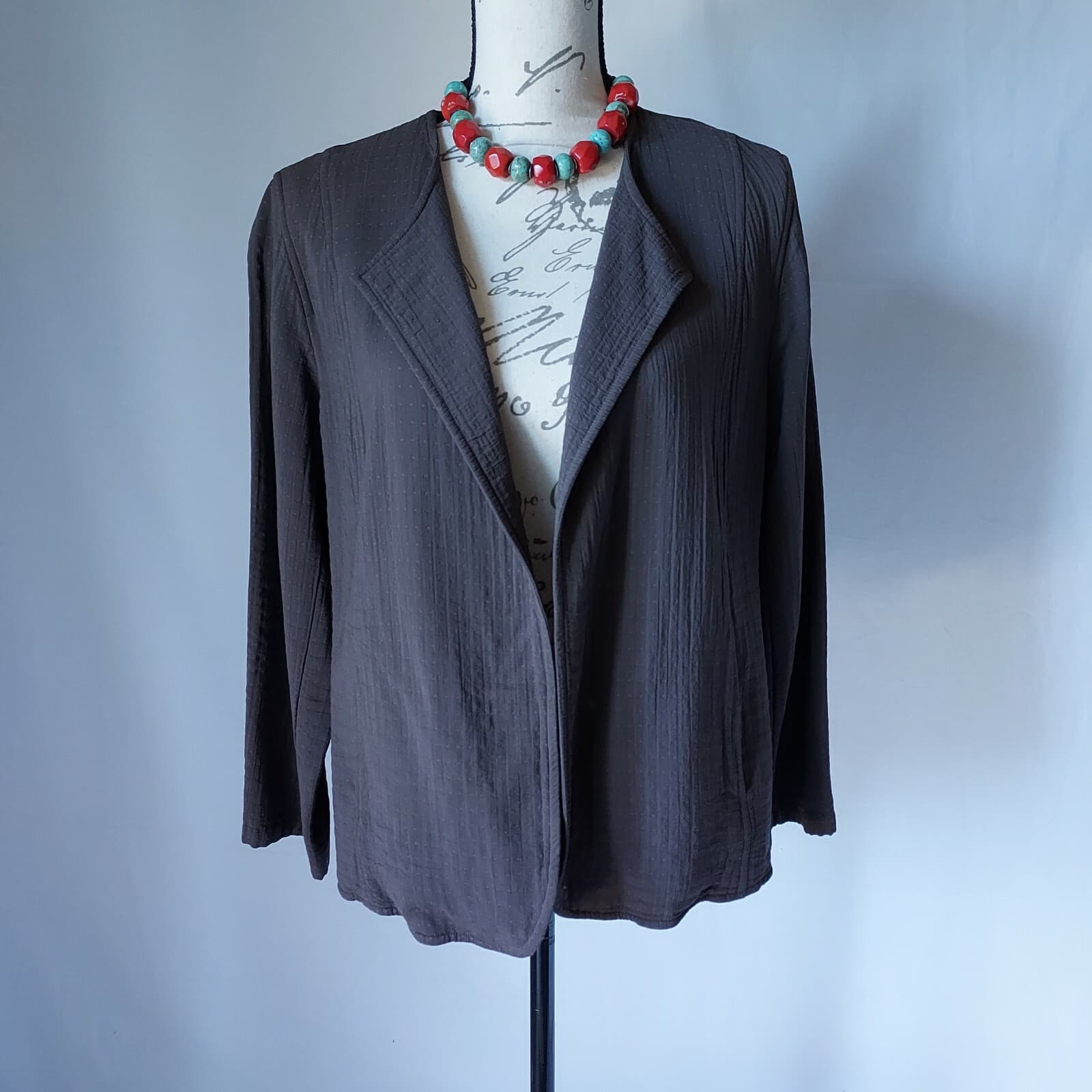 EILEEN FISHER Open Front Jacket Italian Viscose Cotton Blend Pocket Brown Sz.S - Thumbnail 2