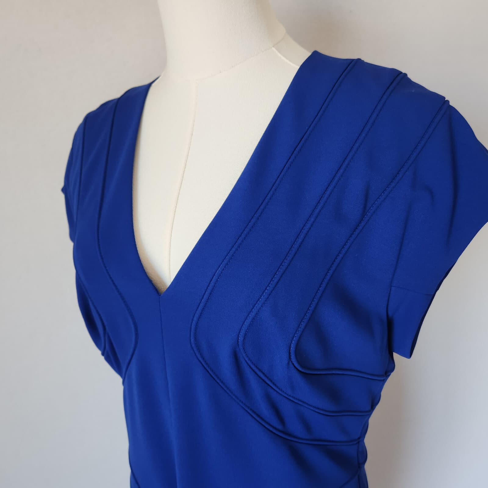 ESCADA Danette Piped Scuba Career Work Sheath Dress Cap Sleeve Cobalt Blue Sz.40 - Thumbnail 6