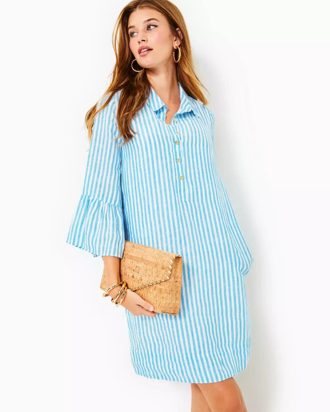 NWT Lilly Pulitzer Sz.6 Linen Jazmyn Dress Bell Sleeve Lunar Blue Bimini Stripe - Thumbnail 6