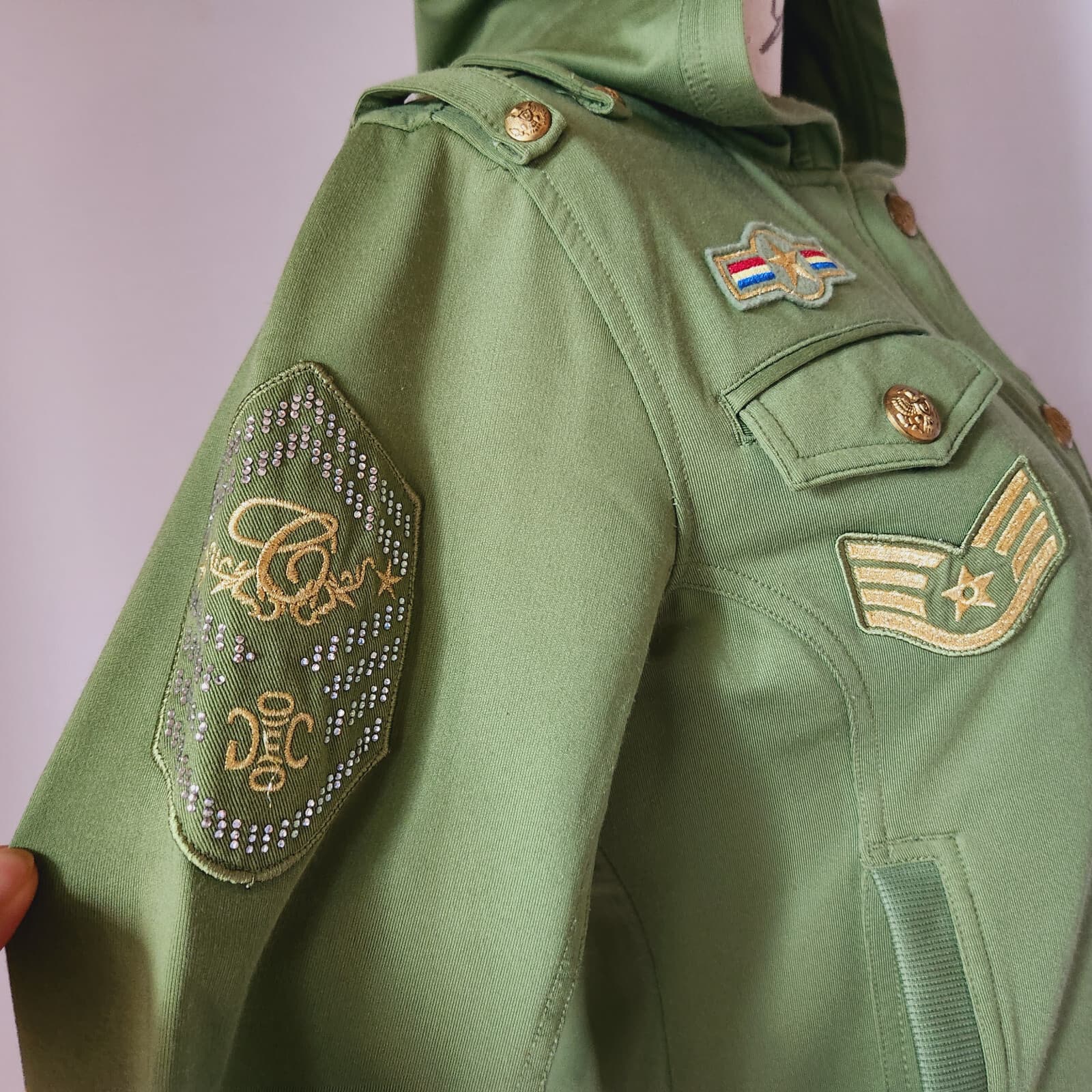 COOGI Military Hooded Jacket Zip-Up Gold-Button Pocket Cotton Blend Green Girl L - Thumbnail 5