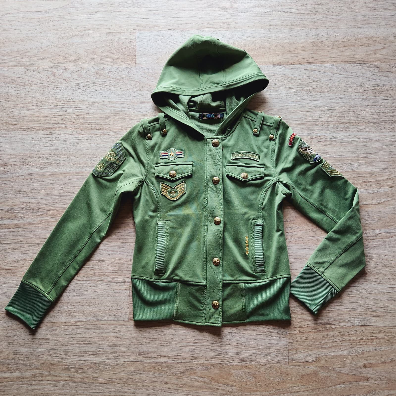 COOGI Military Hooded Jacket Zip-Up Gold-Button Pocket Cotton Blend Green Girl L - Thumbnail 3
