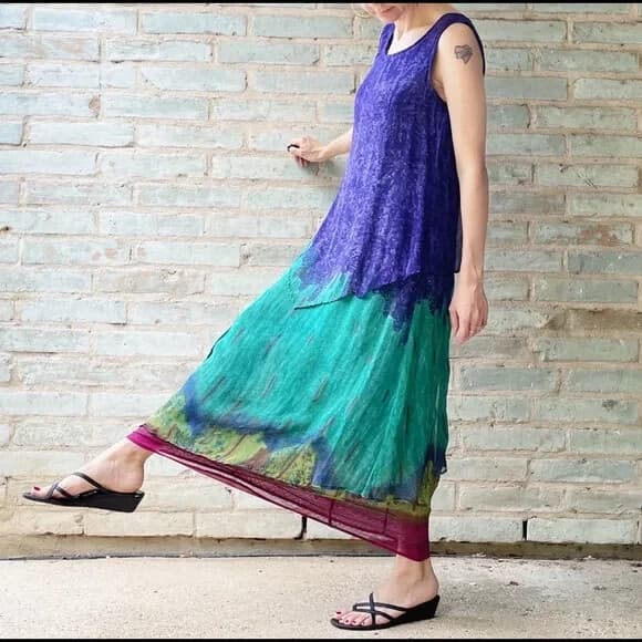Phool Dip Dye Layered Boho Hippie Midi Dress Sleeveless Multicolor Rayon Women L - Thumbnail 5