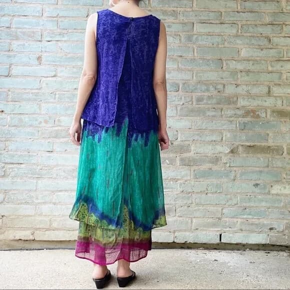 Phool Dip Dye Layered Boho Hippie Midi Dress Sleeveless Multicolor Rayon Women L - Thumbnail 7