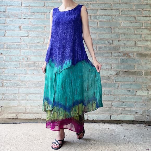 Phool Dip Dye Layered Boho Hippie Midi Dress Sleeveless Multicolor Rayon Women L - Thumbnail 3